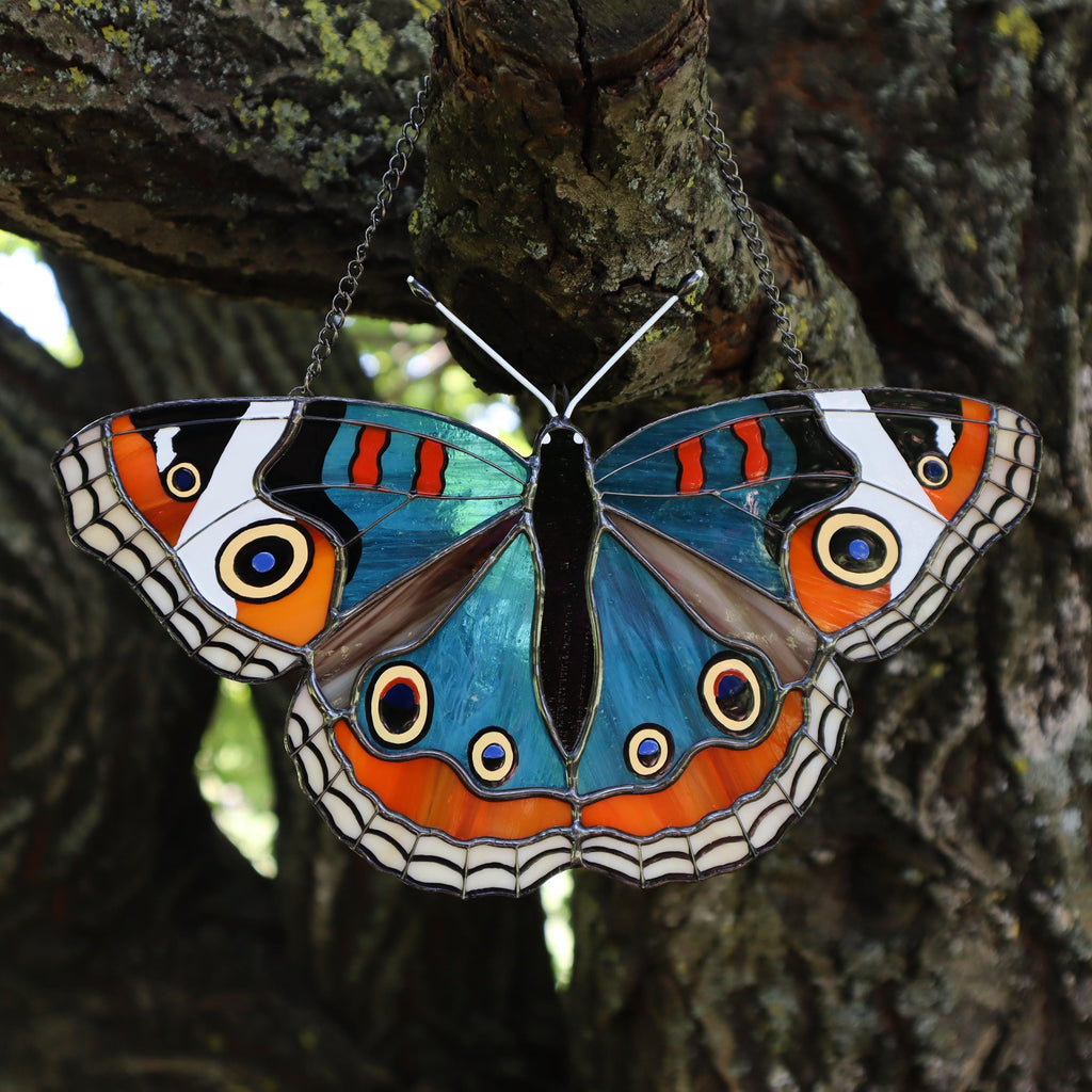 SunStainedGlassUA Blue Buckeye Stained Glass Butterfly Suncatcher 8.5in