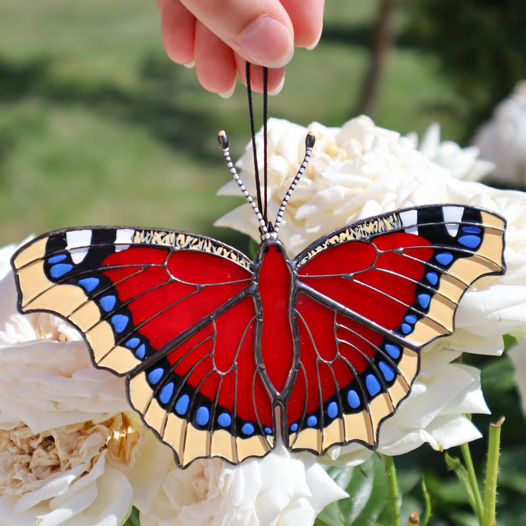 SunStainedGlassUA Mourning Cloak Butterfly Suncatcher Stained Glass Window Hanging