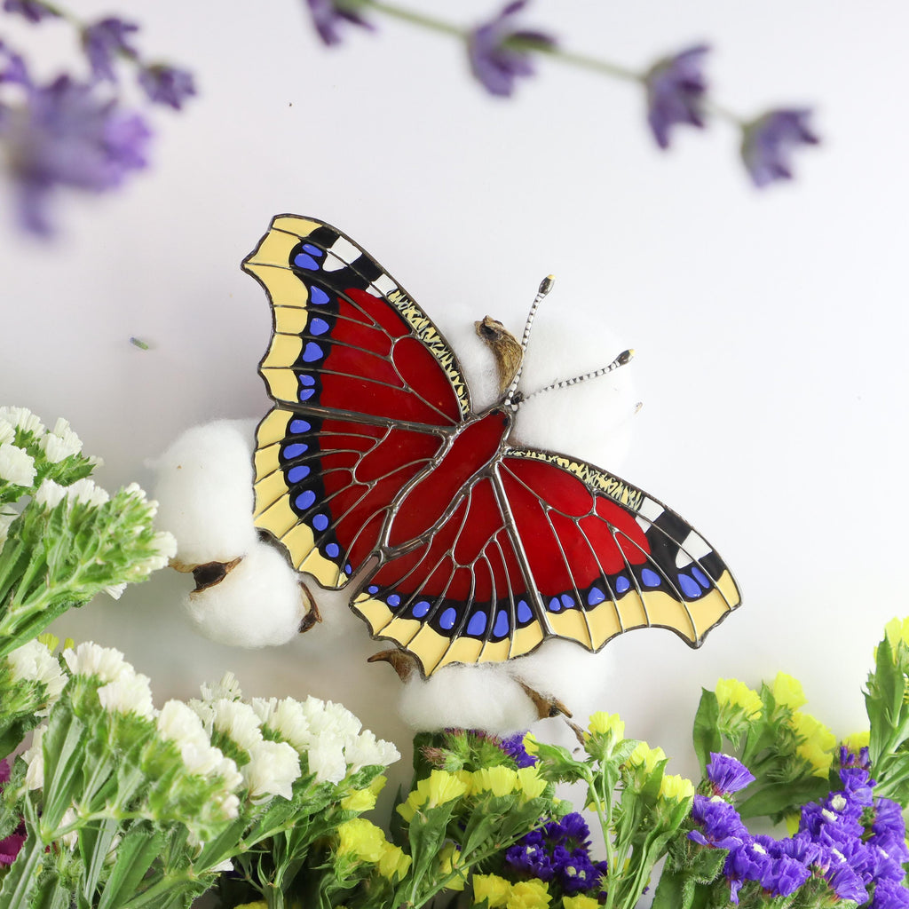 SunStainedGlassUA Mourning Cloak Butterfly Suncatcher Stained Glass Window Hanging