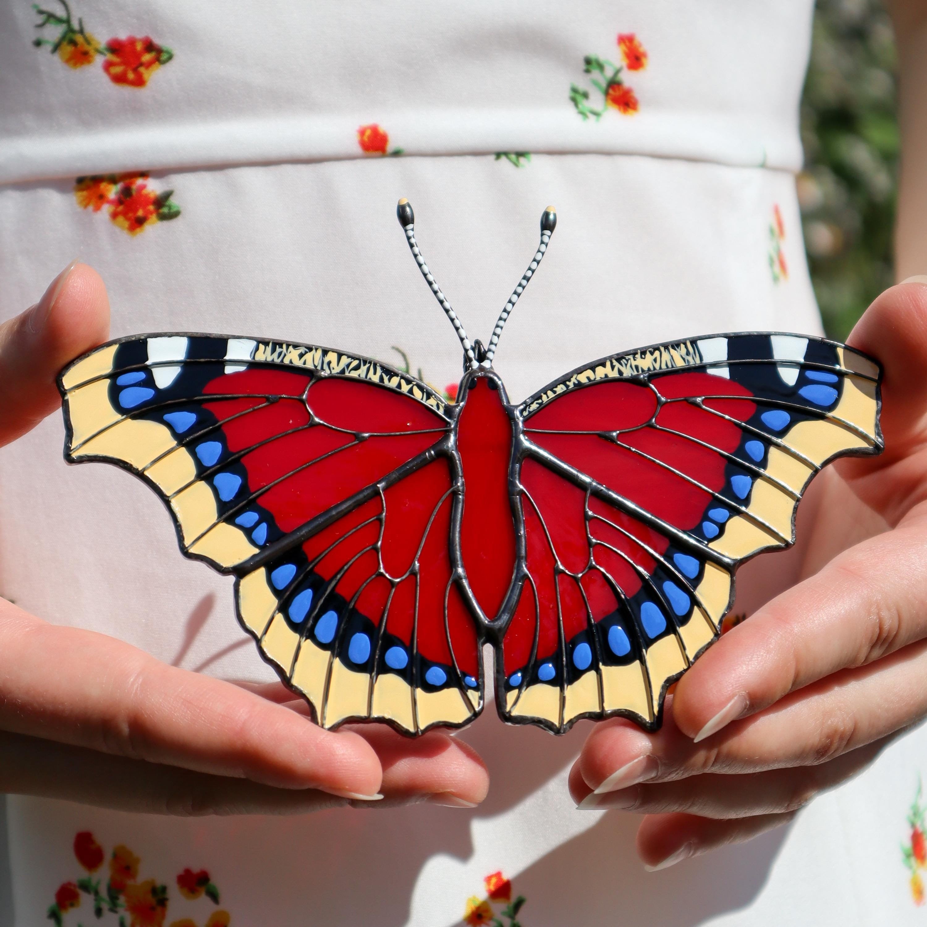 SunStainedGlassUA Mourning Cloak Butterfly Suncatcher Stained Glass Window Hanging