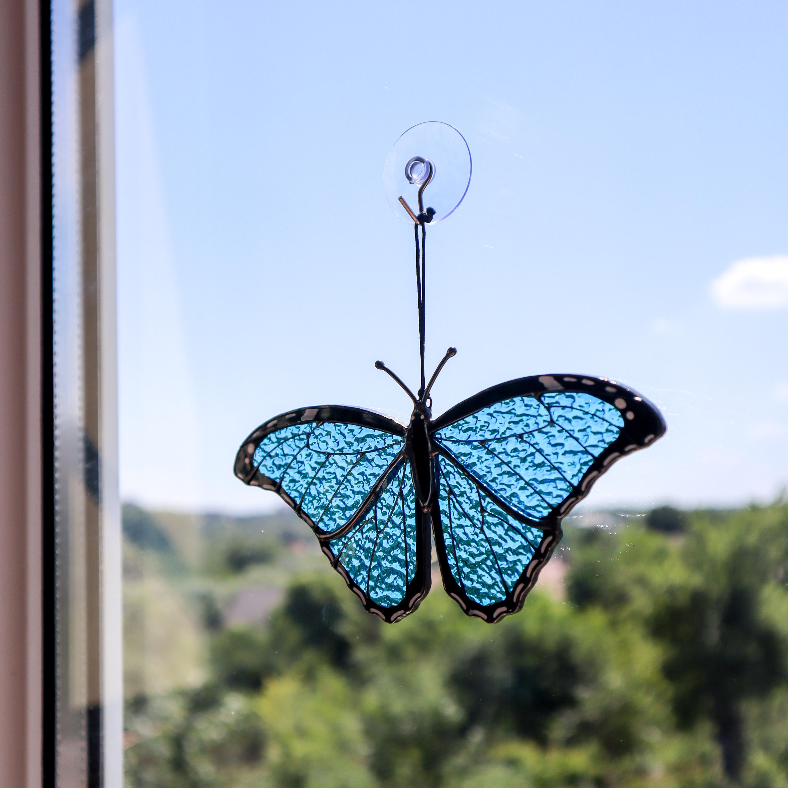 SunStainedGlassUA Morpho Menelaus Stained Glass Butterfly Suncatcher 6in