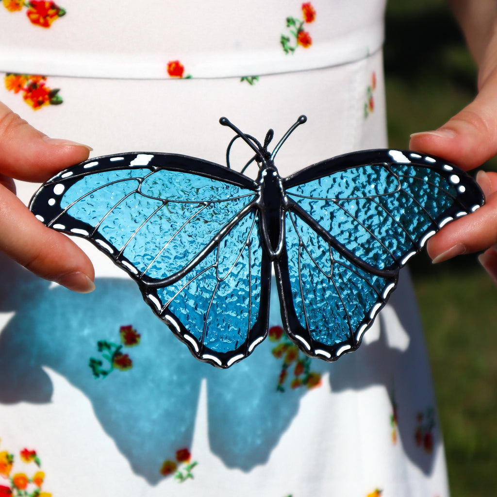 SunStainedGlassUA Morpho Menelaus Stained Glass Butterfly Suncatcher 6in