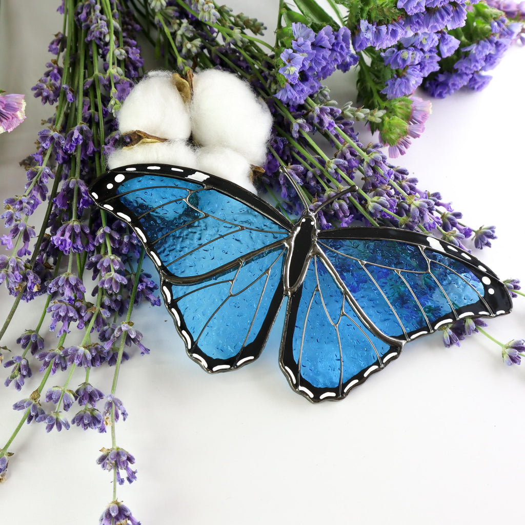 SunStainedGlassUA Morpho Menelaus Stained Glass Butterfly Suncatcher 6in