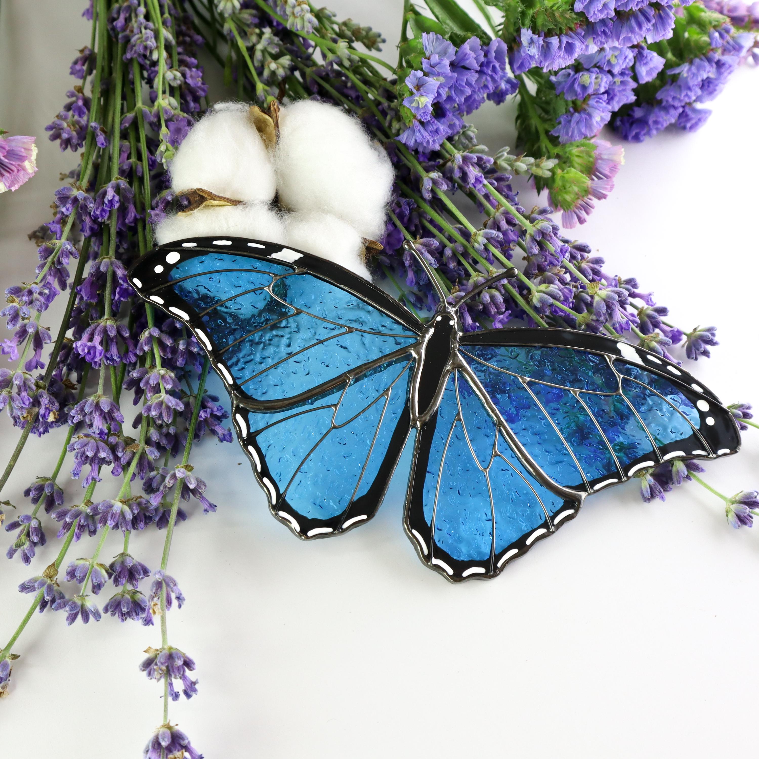 SunStainedGlassUA Morpho Menelaus Stained Glass Butterfly Suncatcher 6in