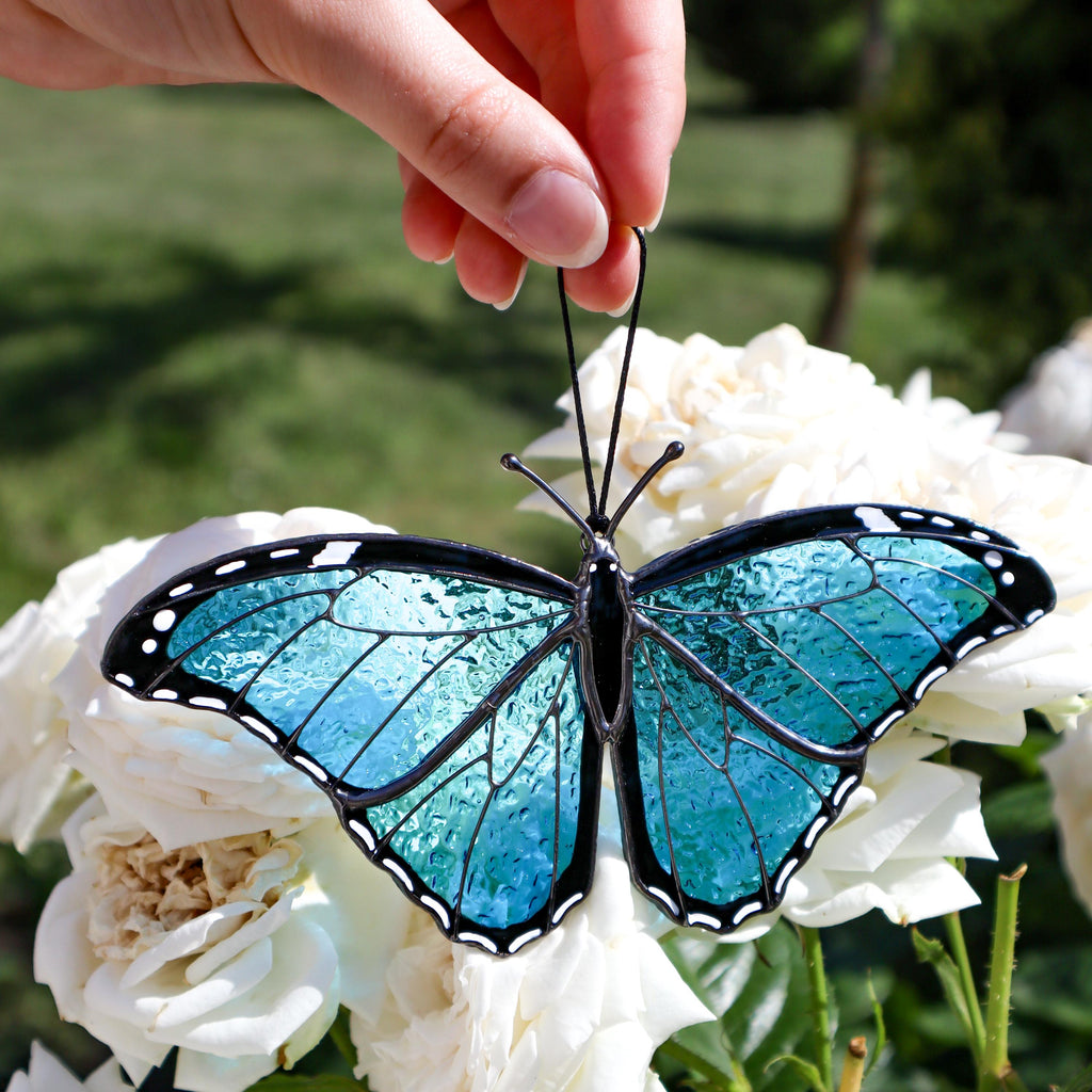 SunStainedGlassUA Morpho Menelaus Stained Glass Butterfly Suncatcher 6in
