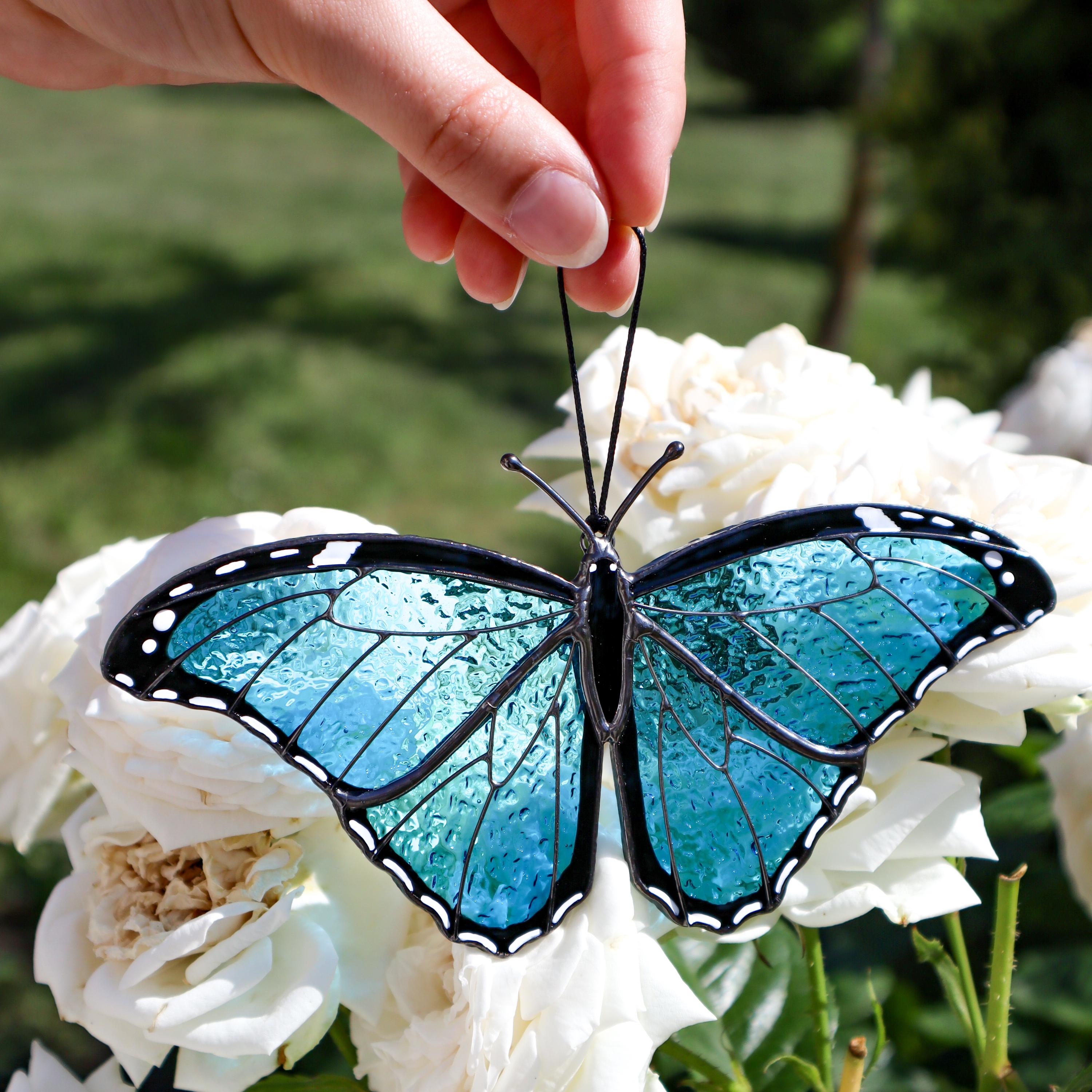 SunStainedGlassUA Morpho Menelaus Stained Glass Butterfly Suncatcher 6in