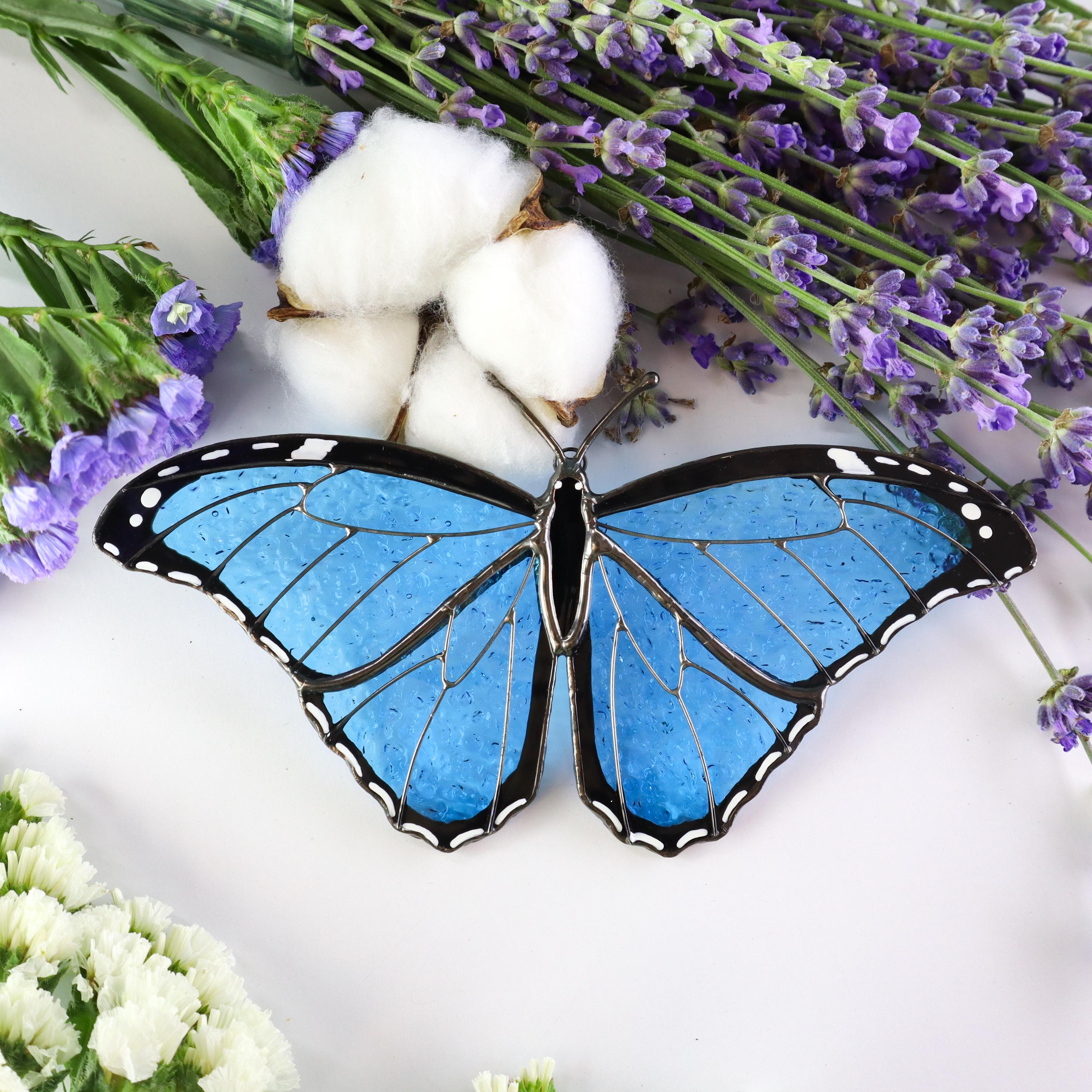 SunStainedGlassUA Morpho Menelaus Stained Glass Butterfly Suncatcher 6in