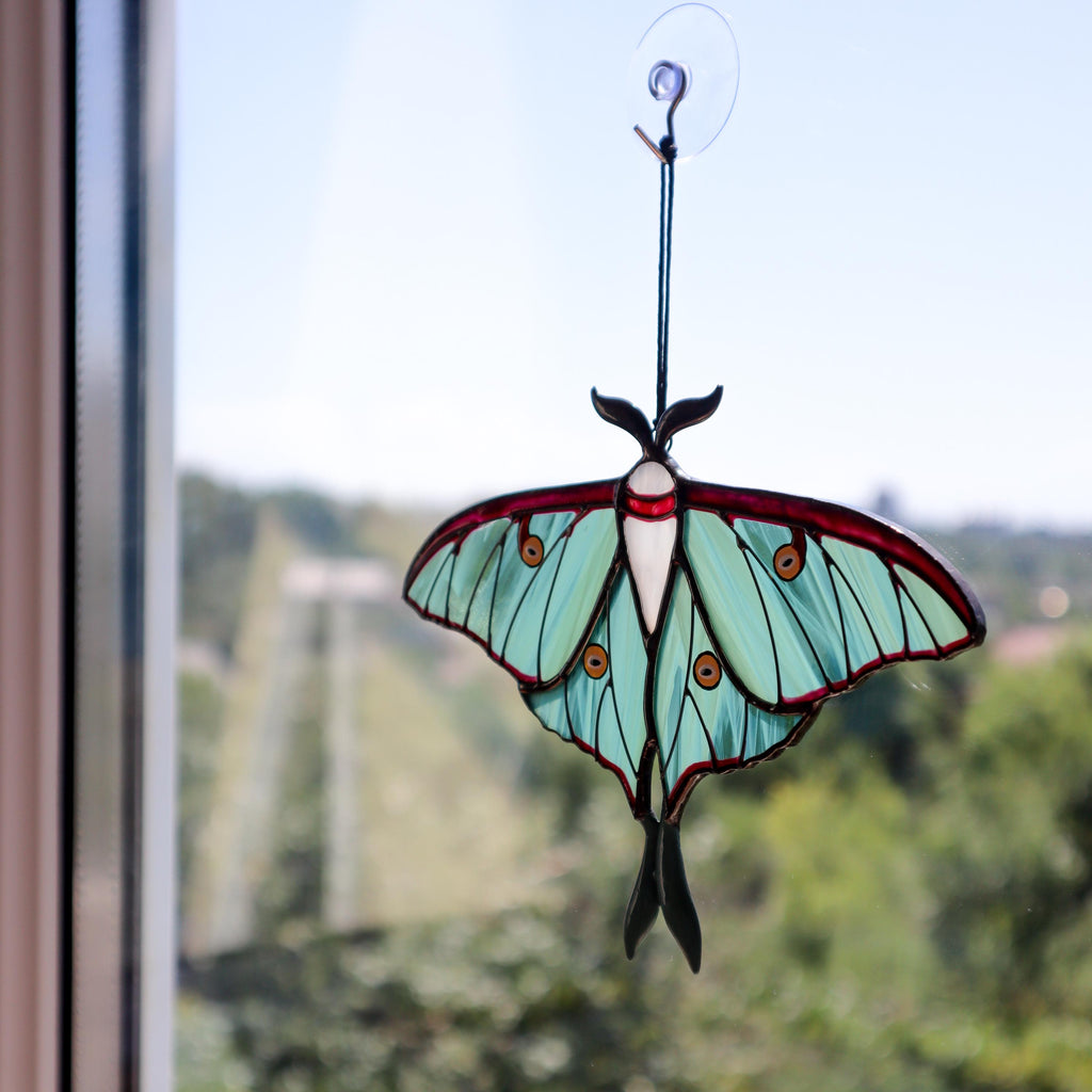 SunStainedGlassUA Luna Moth Stained Glass Suncatcher 6in Teal