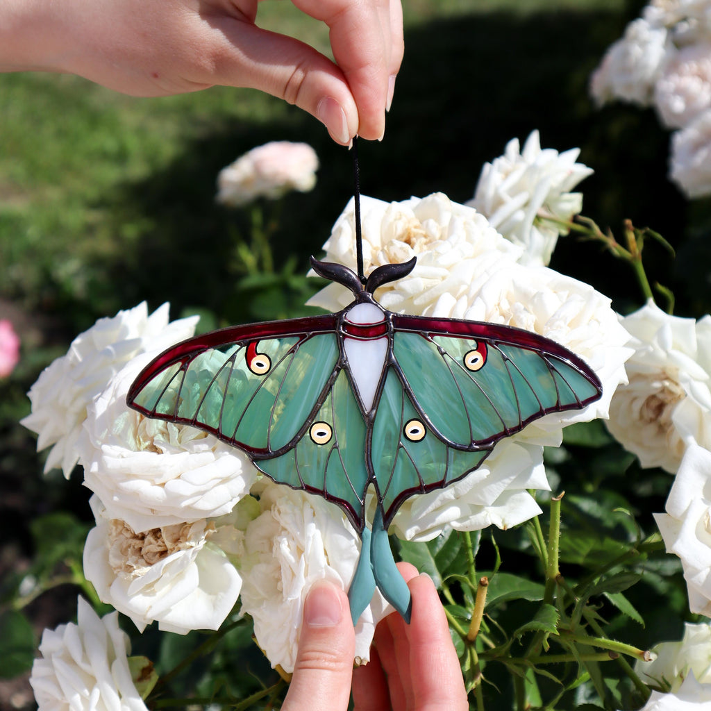SunStainedGlassUA Luna Moth Stained Glass Suncatcher 6in Handmade
