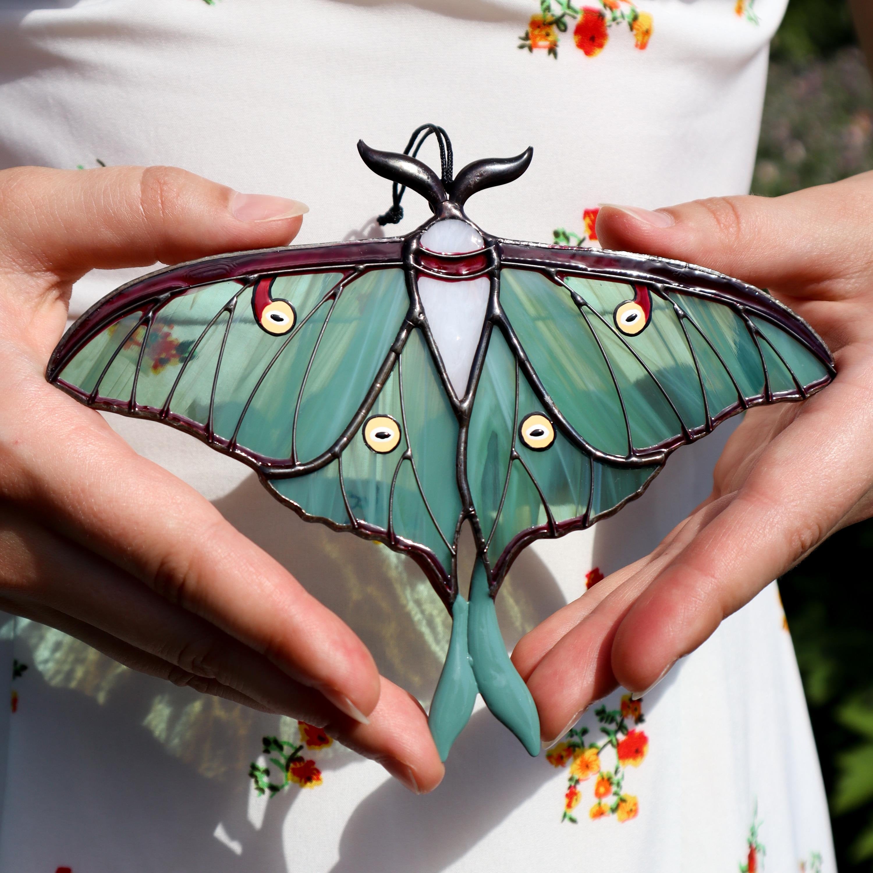SunStainedGlassUA Luna Moth Stained Glass Suncatcher 6in Teal