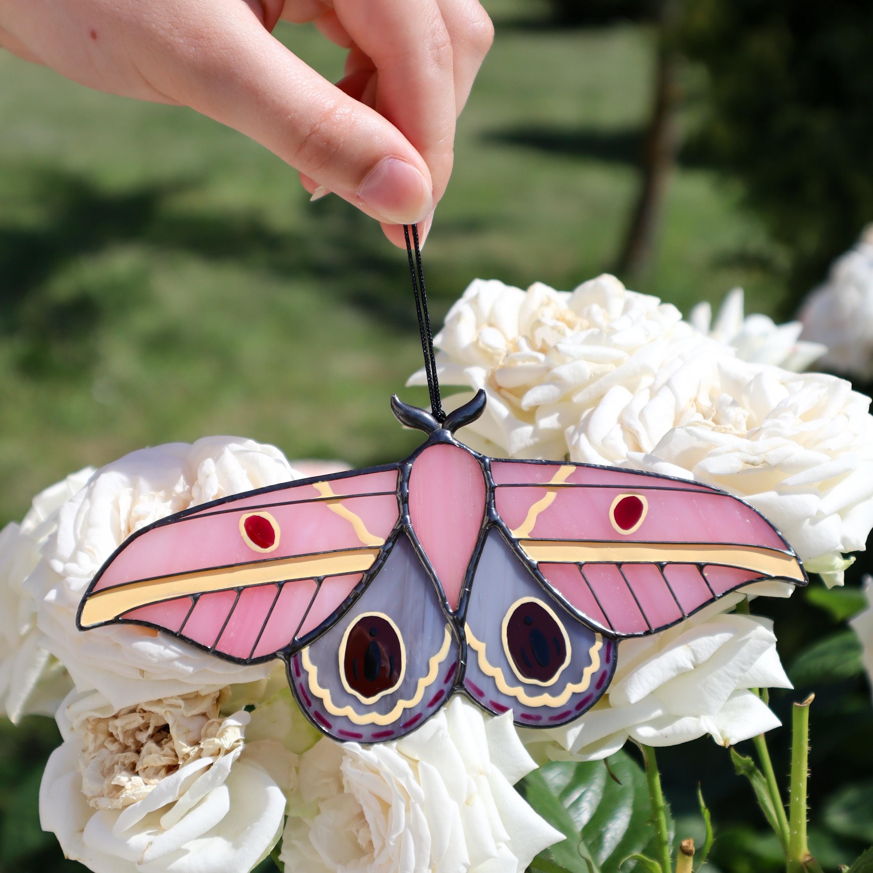 SunStainedGlassUA Pink Moth Stained Glass Suncatcher 6in