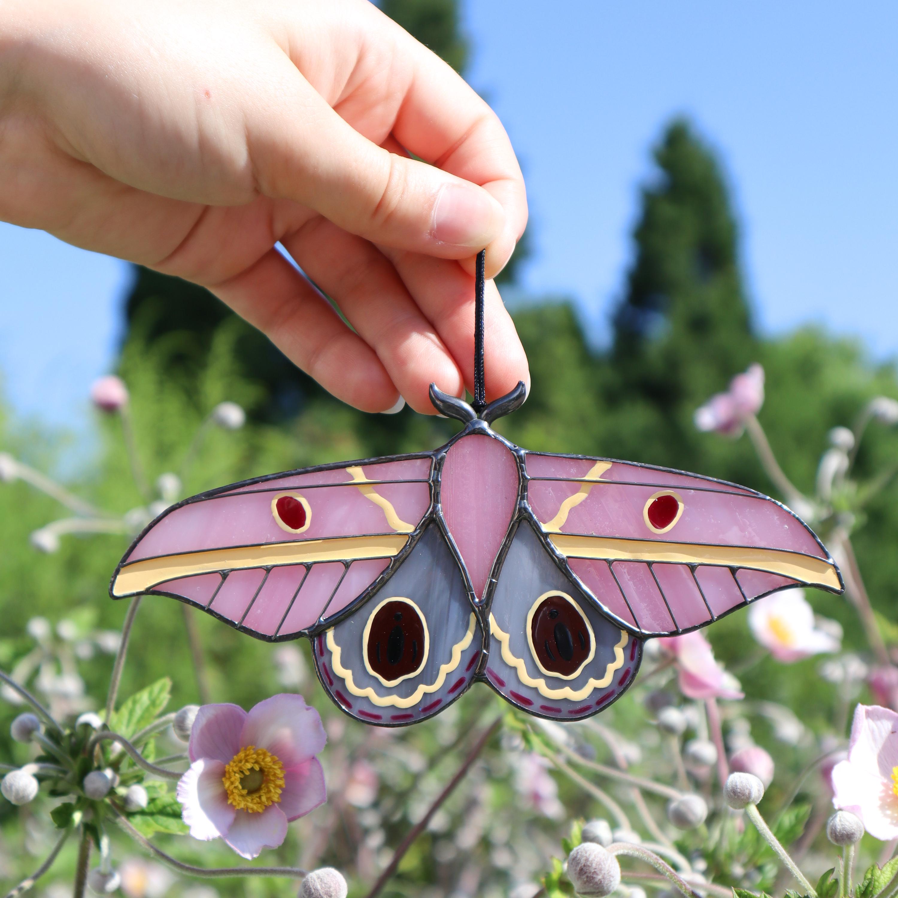 SunStainedGlassUA Pink Moth Stained Glass Suncatcher 6in