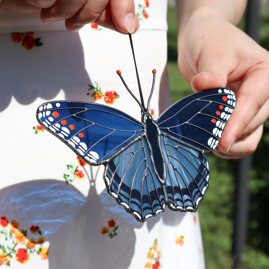 SunStainedGlassUA Red-Spotted Purple Butterfly Stained Glass Suncatcher 5.5in