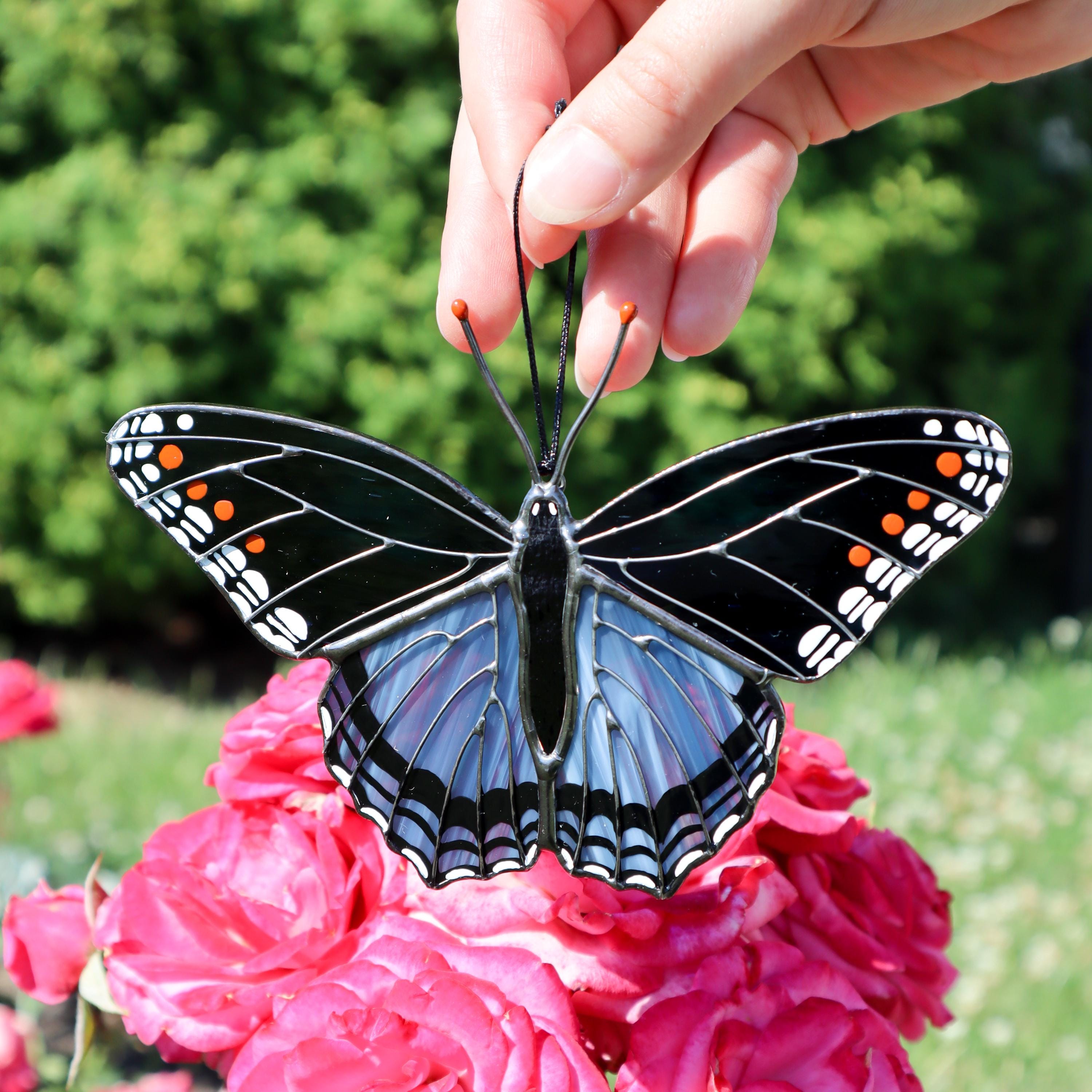 SunStainedGlassUA Red-Spotted Purple Butterfly Stained Glass Suncatcher 5.5in