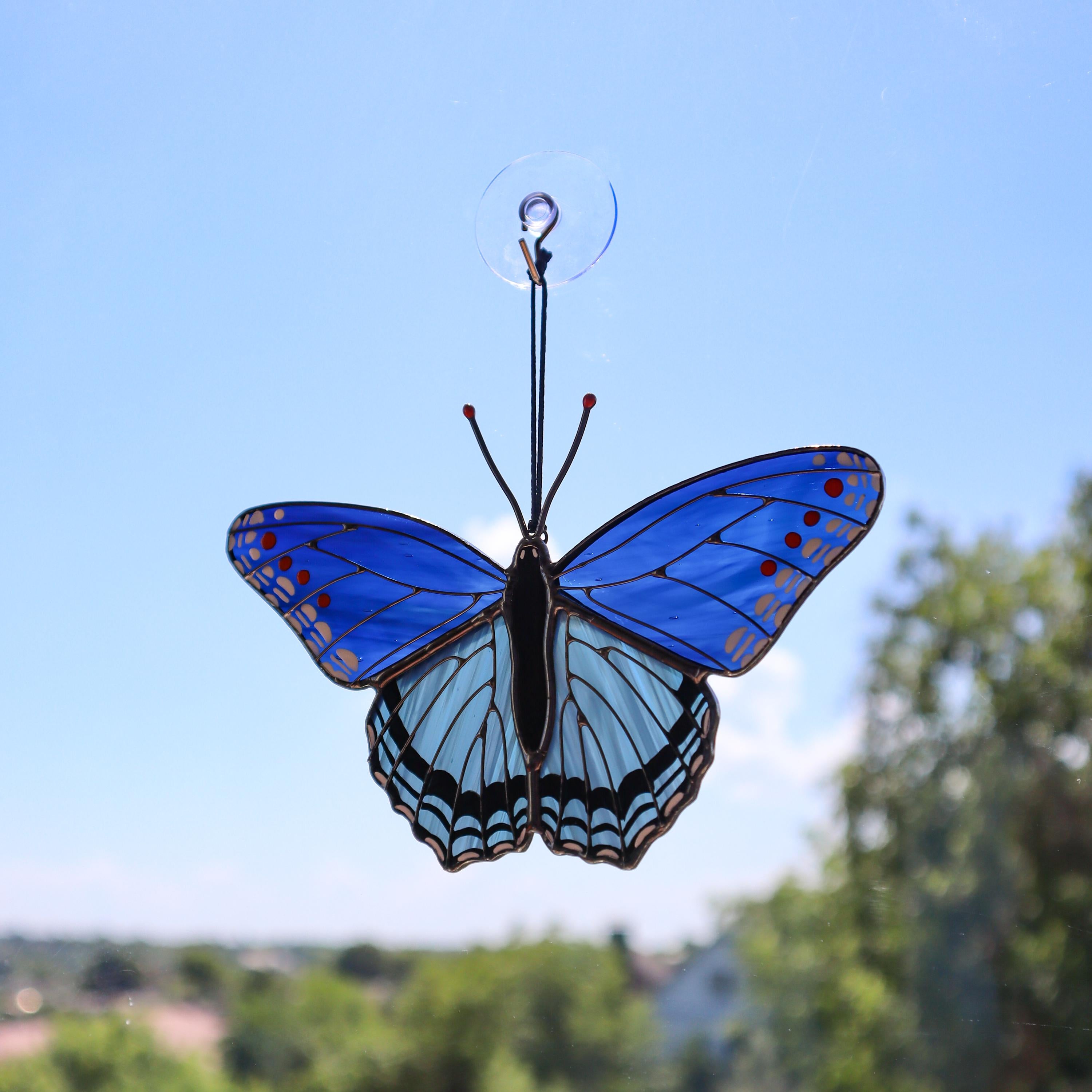 SunStainedGlassUA Red-Spotted Purple Butterfly Stained Glass Suncatcher 5.5in