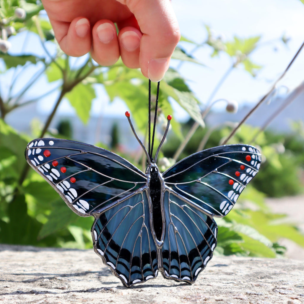 SunStainedGlassUA Red-Spotted Purple Butterfly Stained Glass Suncatcher 5.5in