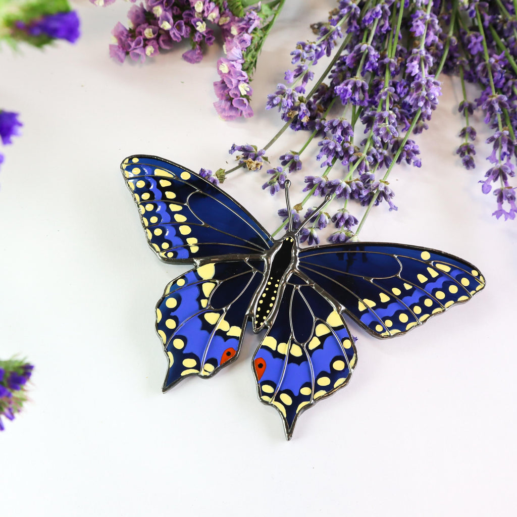 SunStainedGlassUA Black Swallowtail Butterfly Stained Glass Suncatcher 5.6in