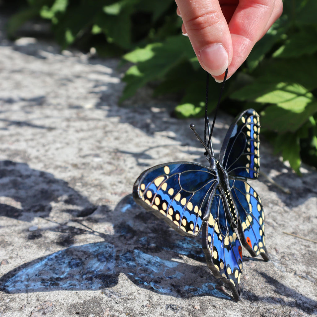 SunStainedGlassUA Black Swallowtail Butterfly Stained Glass Suncatcher 5.6in