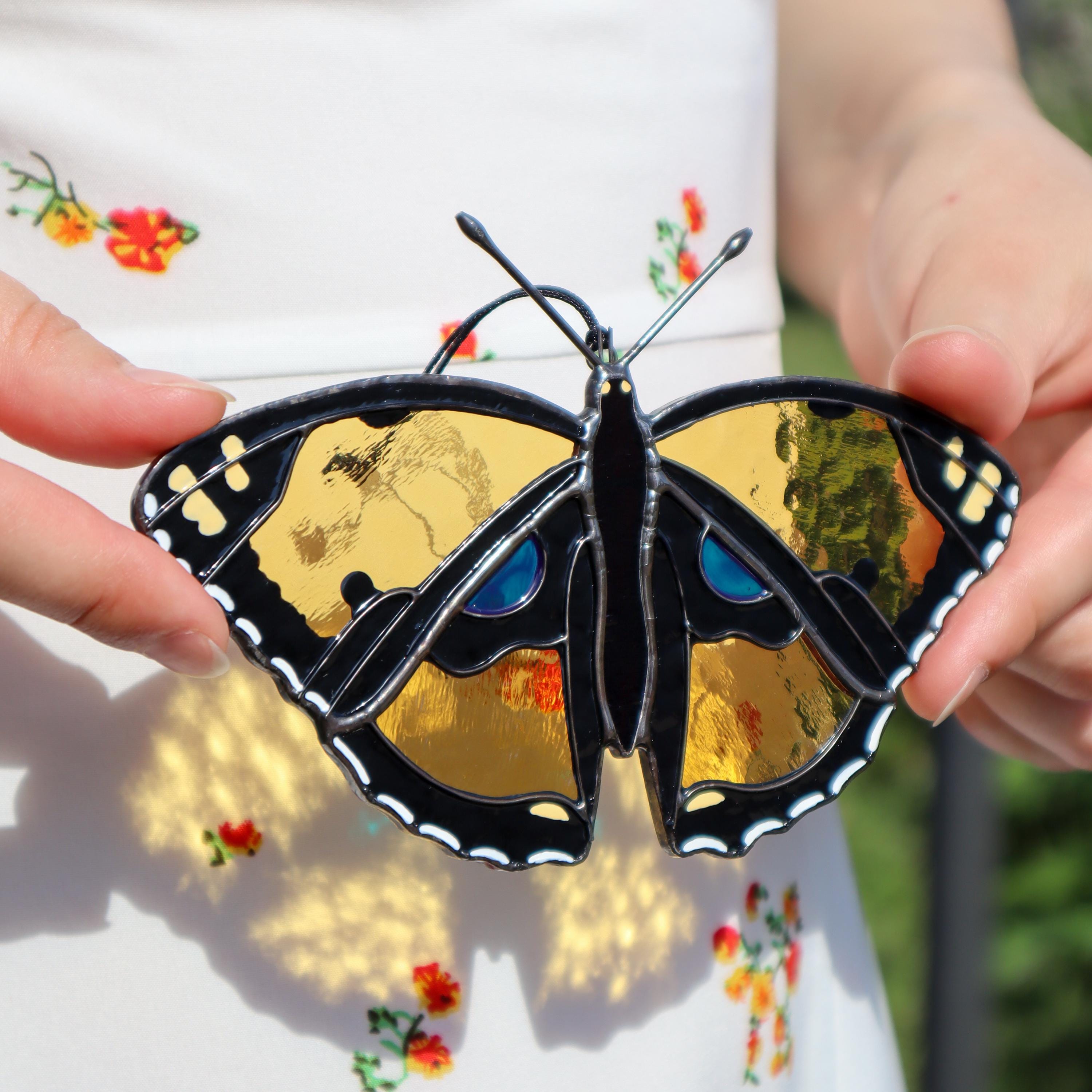 SunStainedGlassUA Handmade Stained Glass Butterfly Suncatcher Yellow Pansy