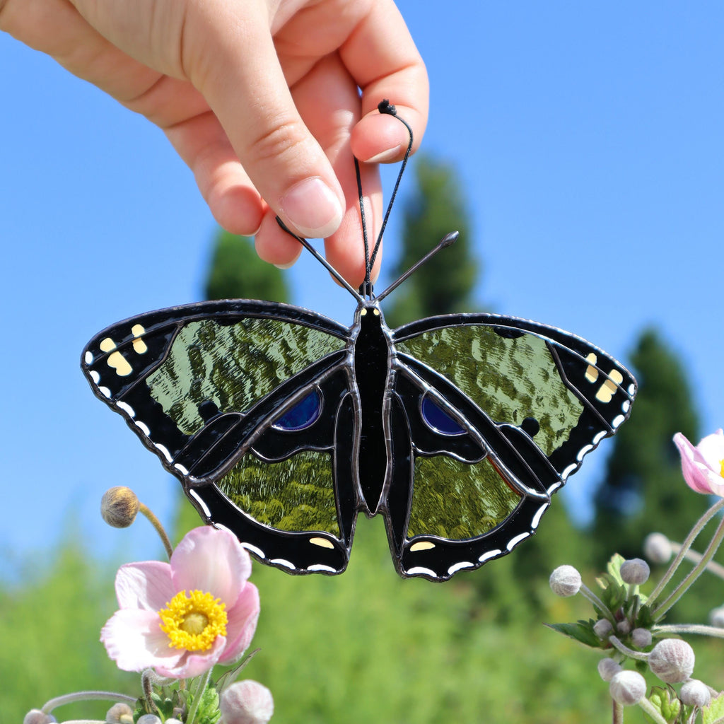 SunStainedGlassUA Handmade Stained Glass Butterfly Suncatcher Yellow Pansy