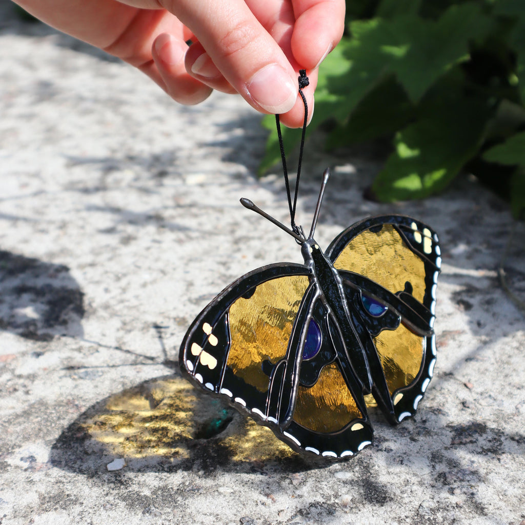 SunStainedGlassUA Handmade Stained Glass Butterfly Suncatcher Yellow Pansy