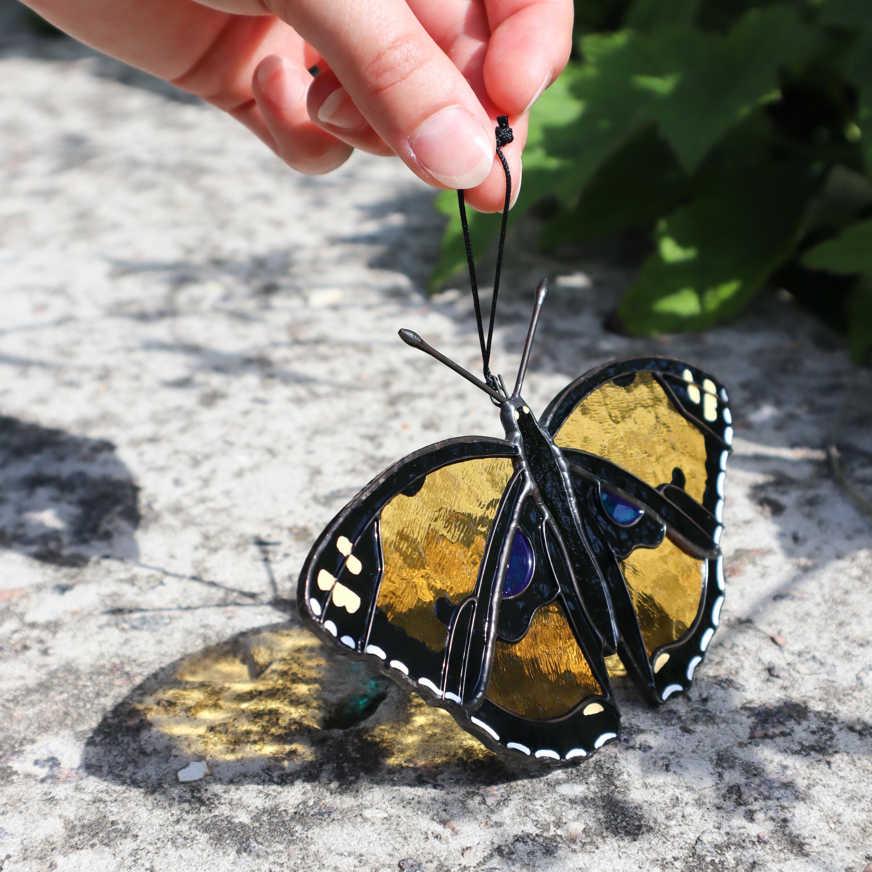 SunStainedGlassUA Handmade Stained Glass Butterfly Suncatcher Yellow Pansy