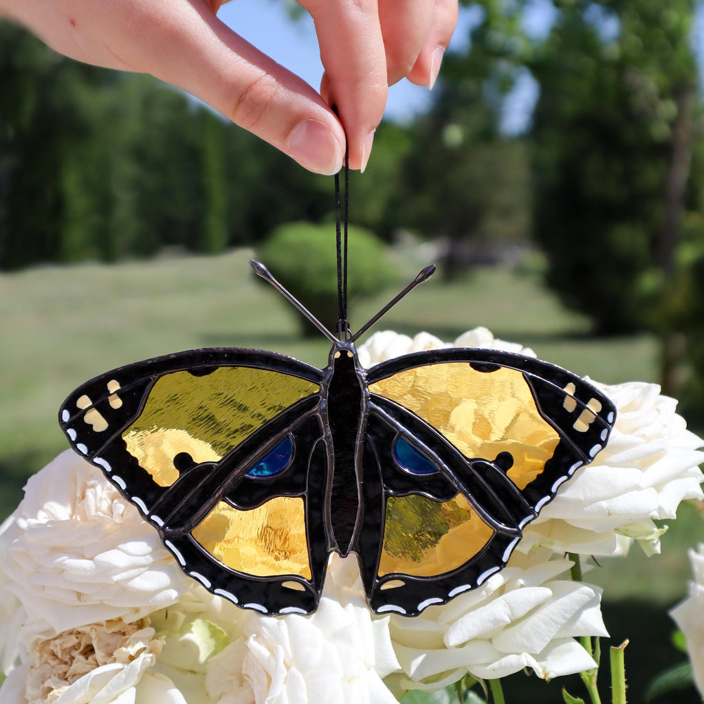 SunStainedGlassUA Handmade Stained Glass Butterfly Suncatcher Yellow Pansy