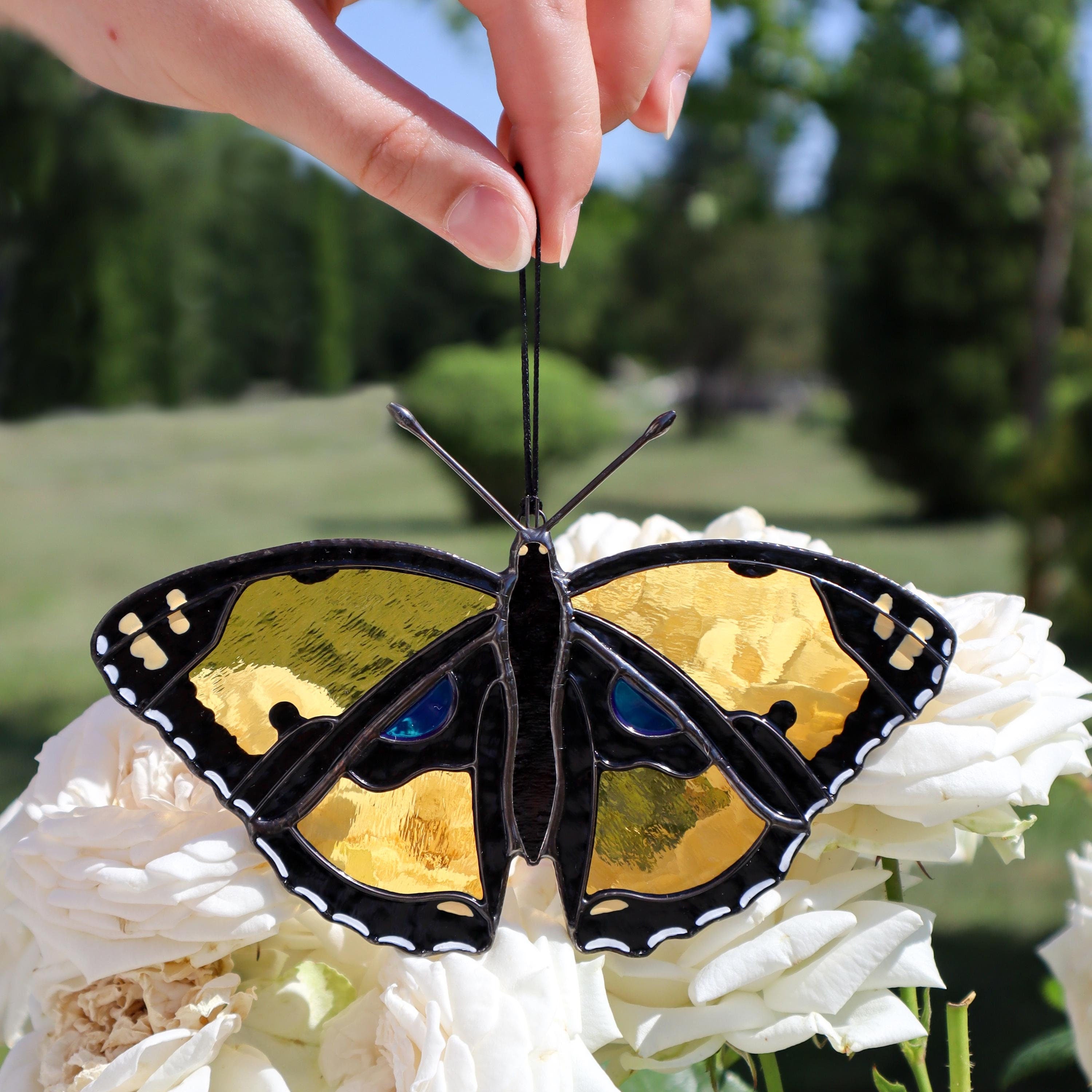 SunStainedGlassUA Handmade Stained Glass Butterfly Suncatcher Yellow Pansy