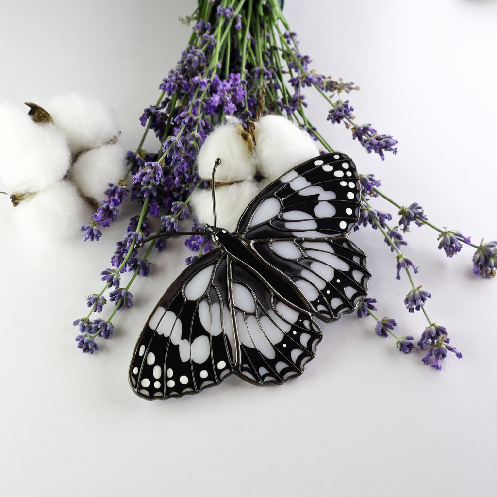 SunStainedGlassUA Marbled White Stained Glass Butterfly Suncatcher