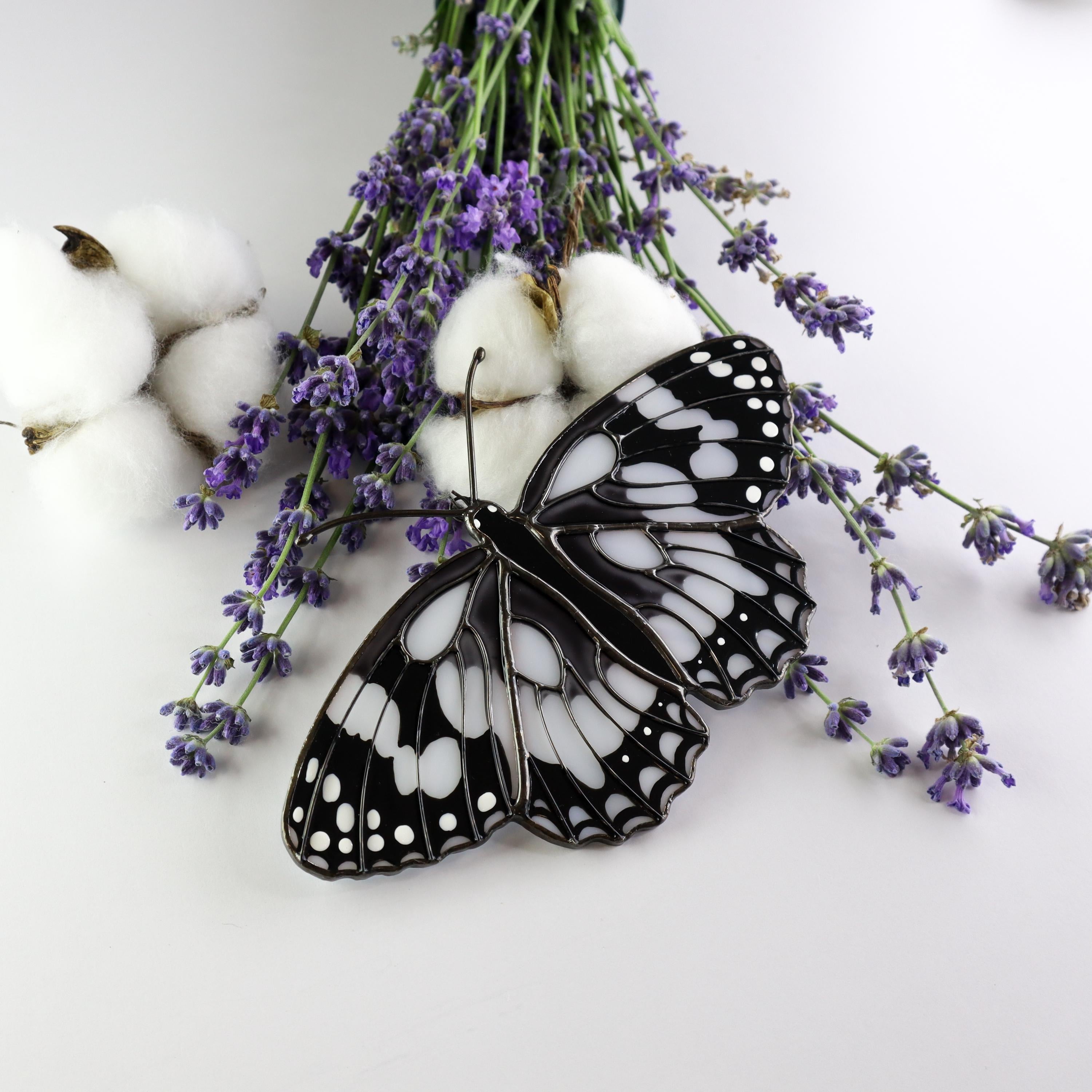 SunStainedGlassUA Marbled White Stained Glass Butterfly Suncatcher