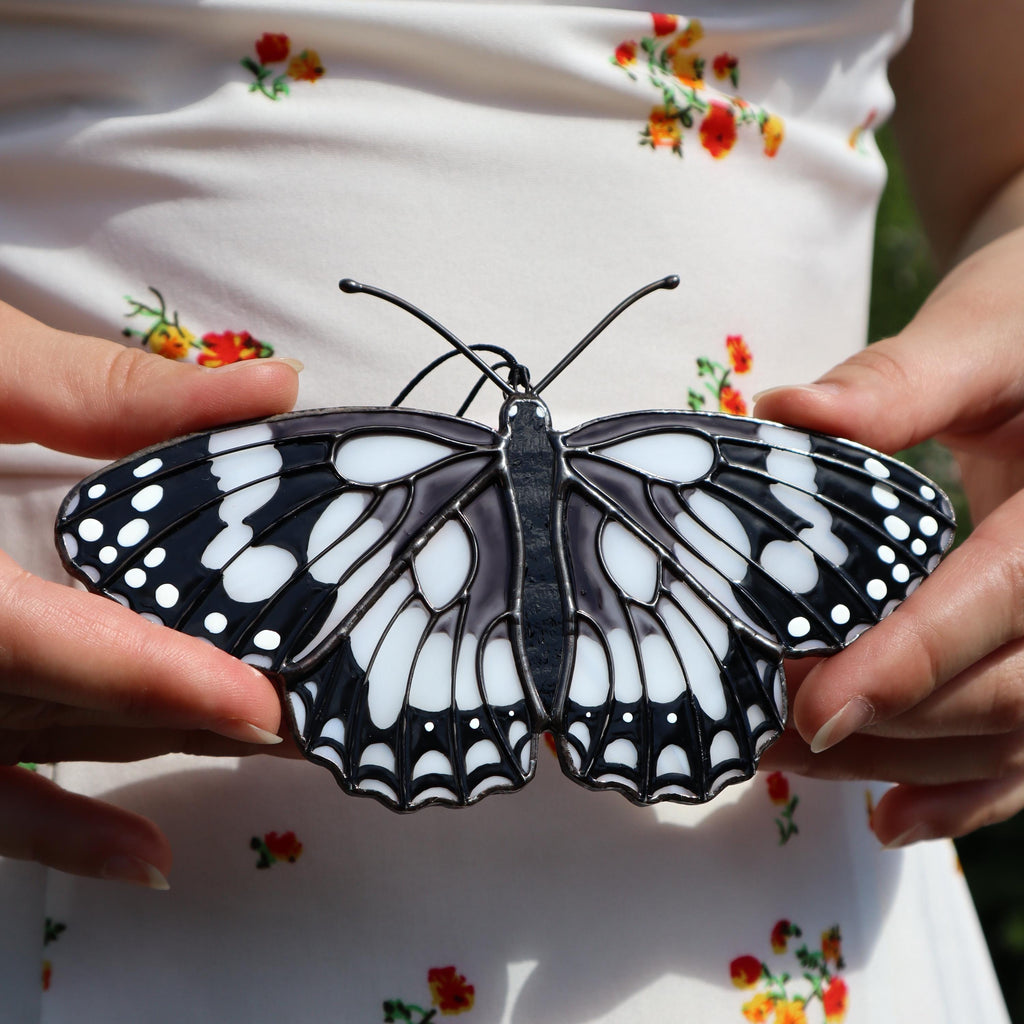 SunStainedGlassUA Marbled White Stained Glass Butterfly Suncatcher