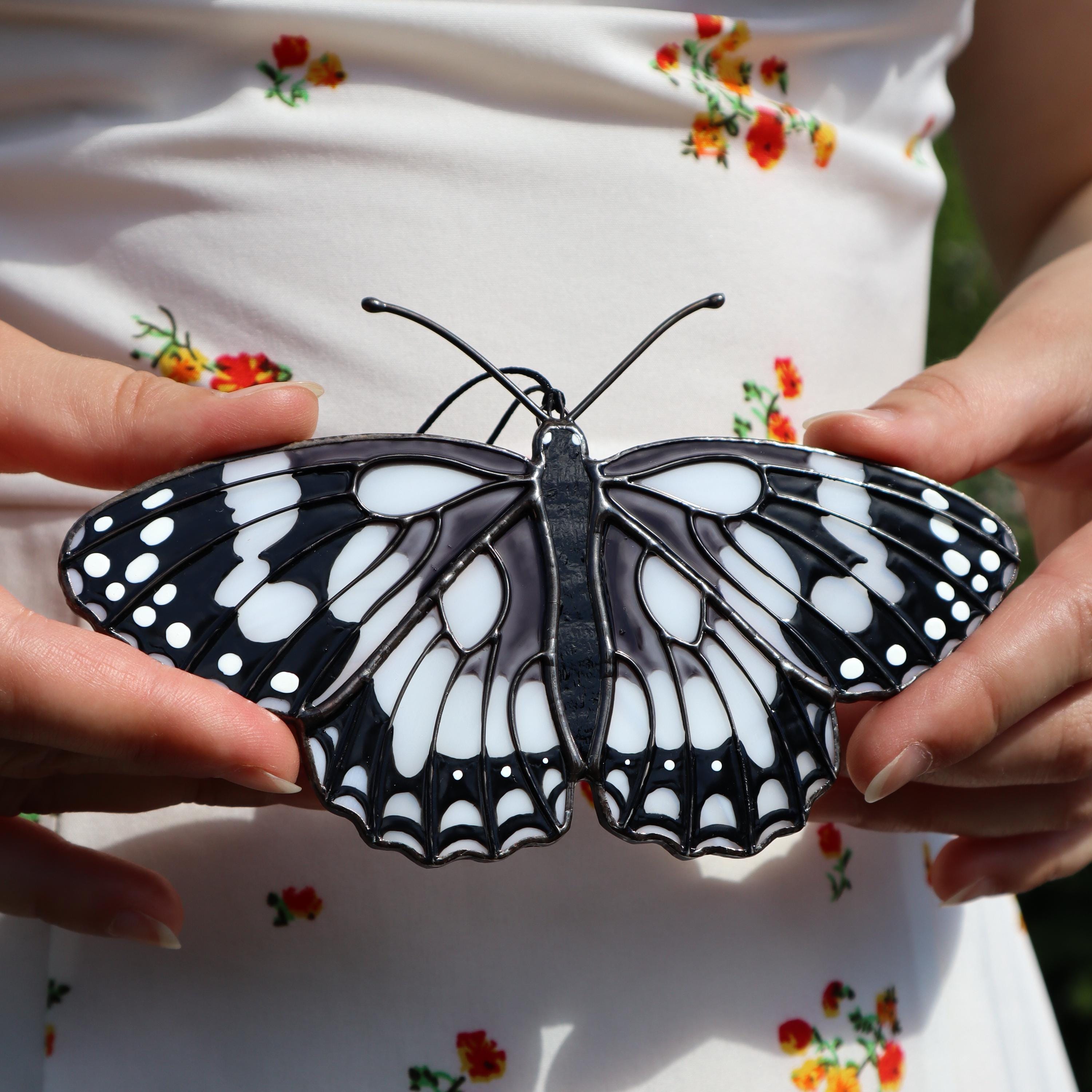 SunStainedGlassUA Marbled White Stained Glass Butterfly Suncatcher