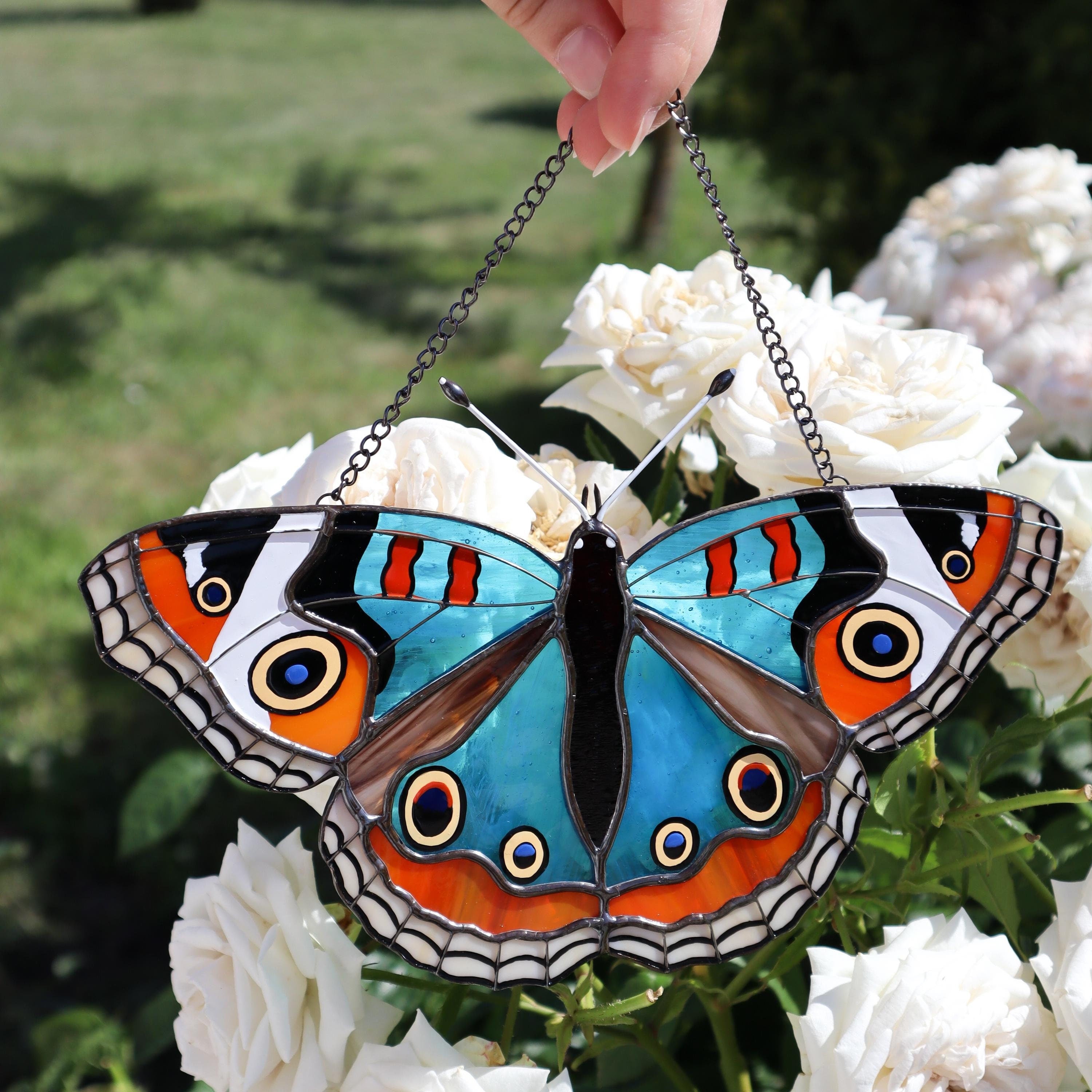 SunStainedGlassUA Blue Buckeye Stained Glass Butterfly Suncatcher 8.5in