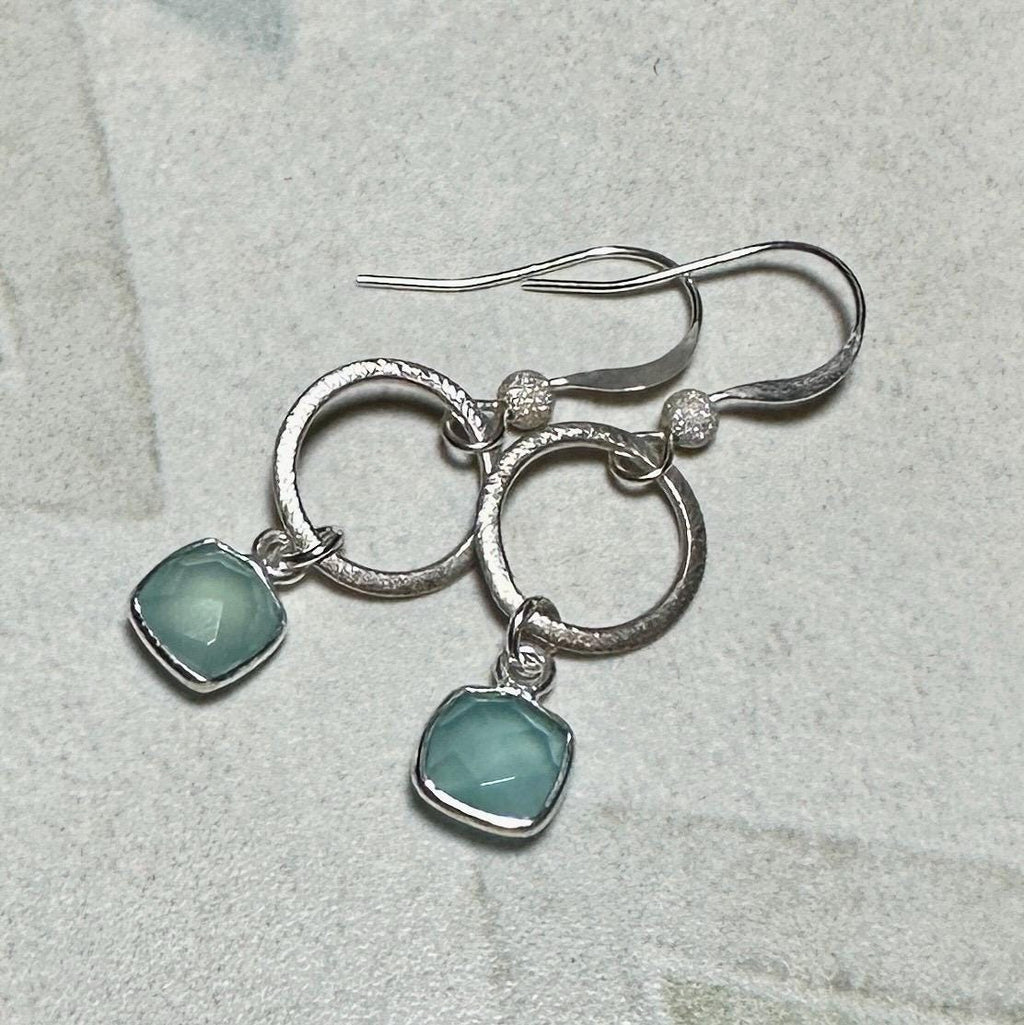 MossberryandStone Textured Sterling Silver Aqua Chalcedony Dangle Drop Earrings