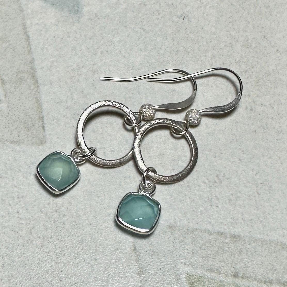 MossberryandStone Textured Sterling Silver Aqua Chalcedony Dangle Drop Earrings