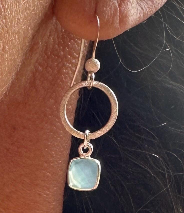 MossberryandStone Textured Sterling Silver Aqua Chalcedony Dangle Drop Earrings