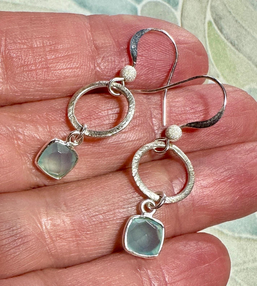 MossberryandStone Textured Sterling Silver Aqua Chalcedony Dangle Drop Earrings