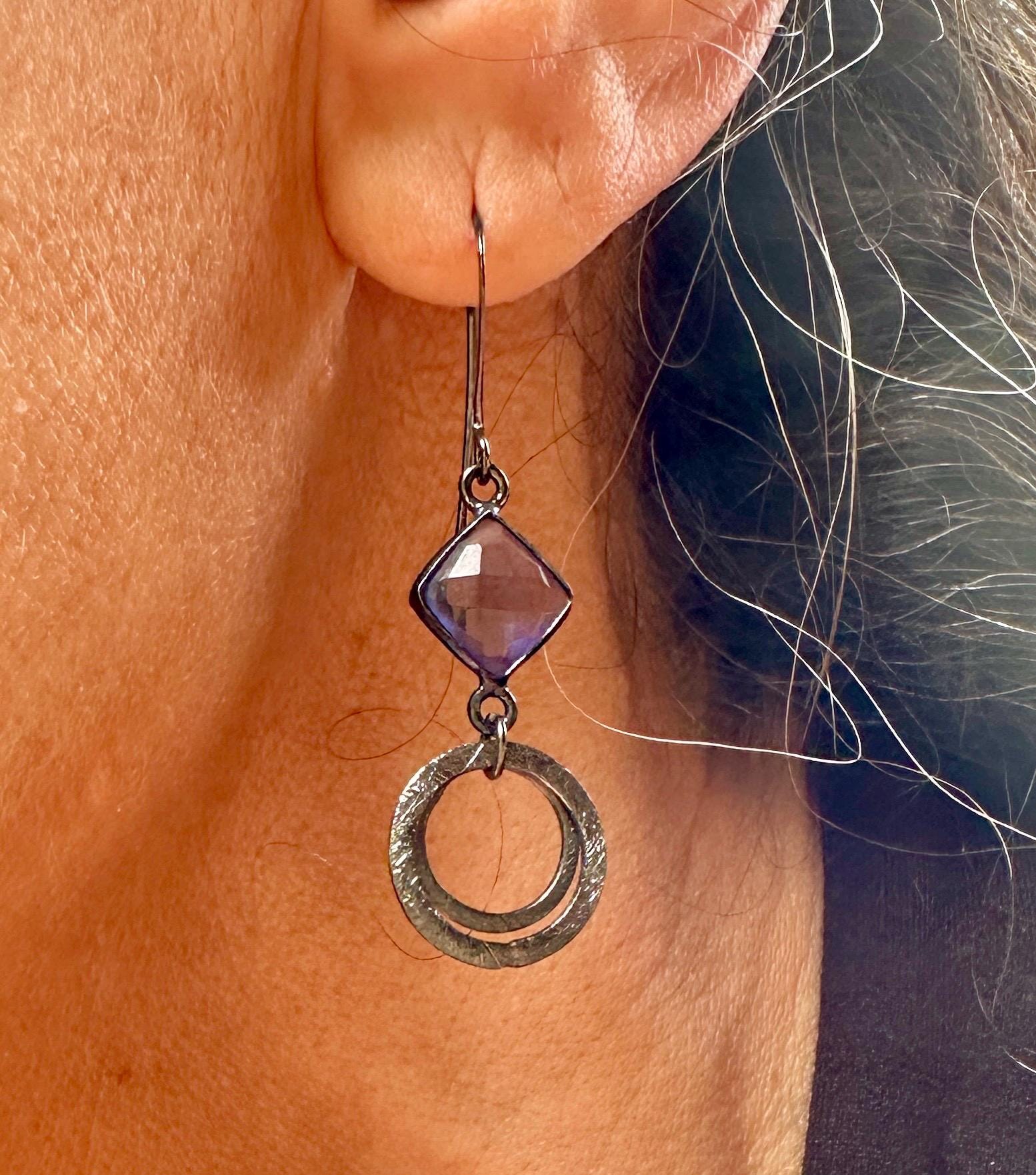 MossberryandStone Oxidized Sterling Silver Amethyst Geometric Circle Dangle Earrings
