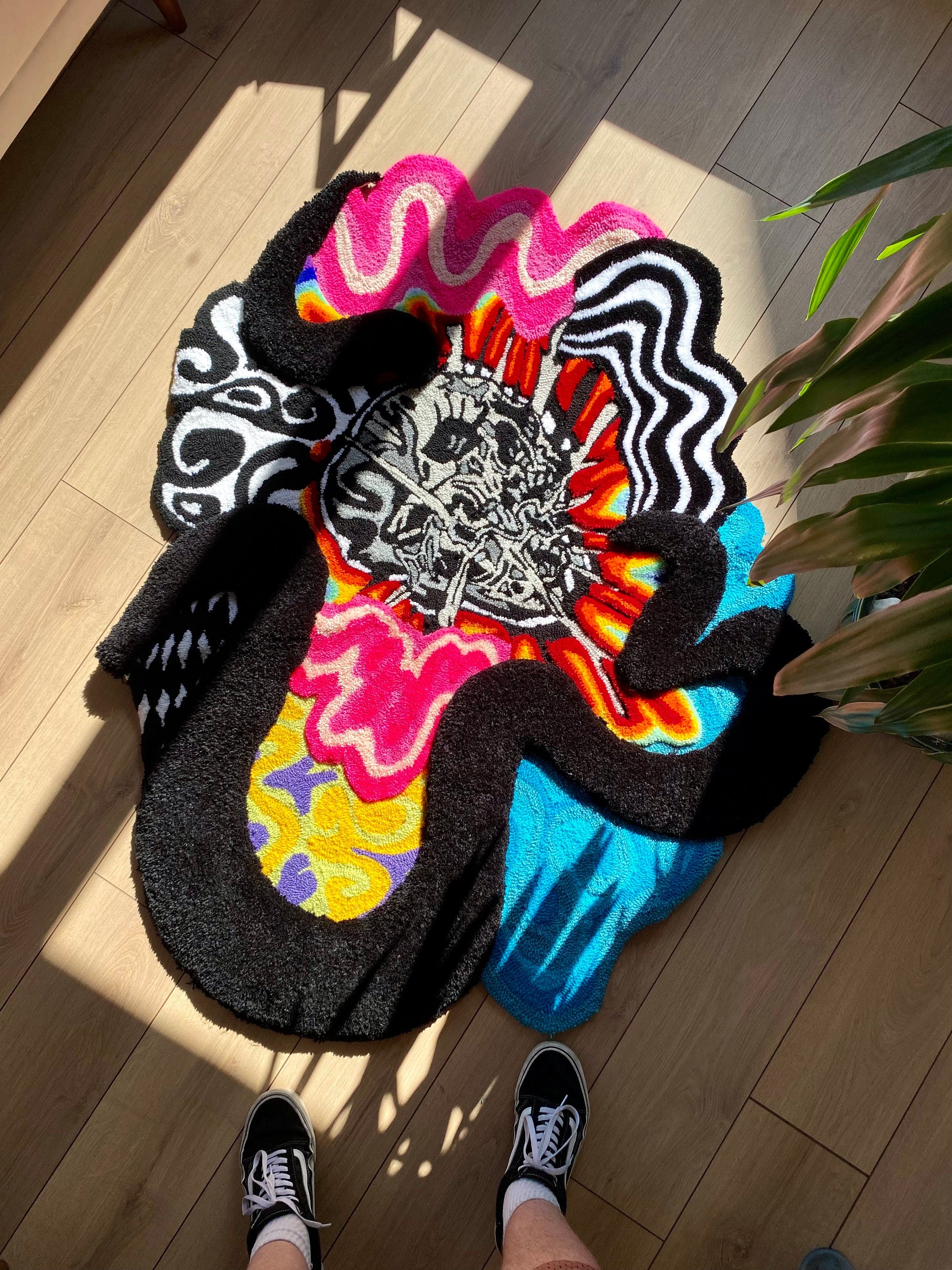 OrnnWorks Psychedelic Checkered Rainbow 3D Skull Fluffy Handmade Tufted Rug