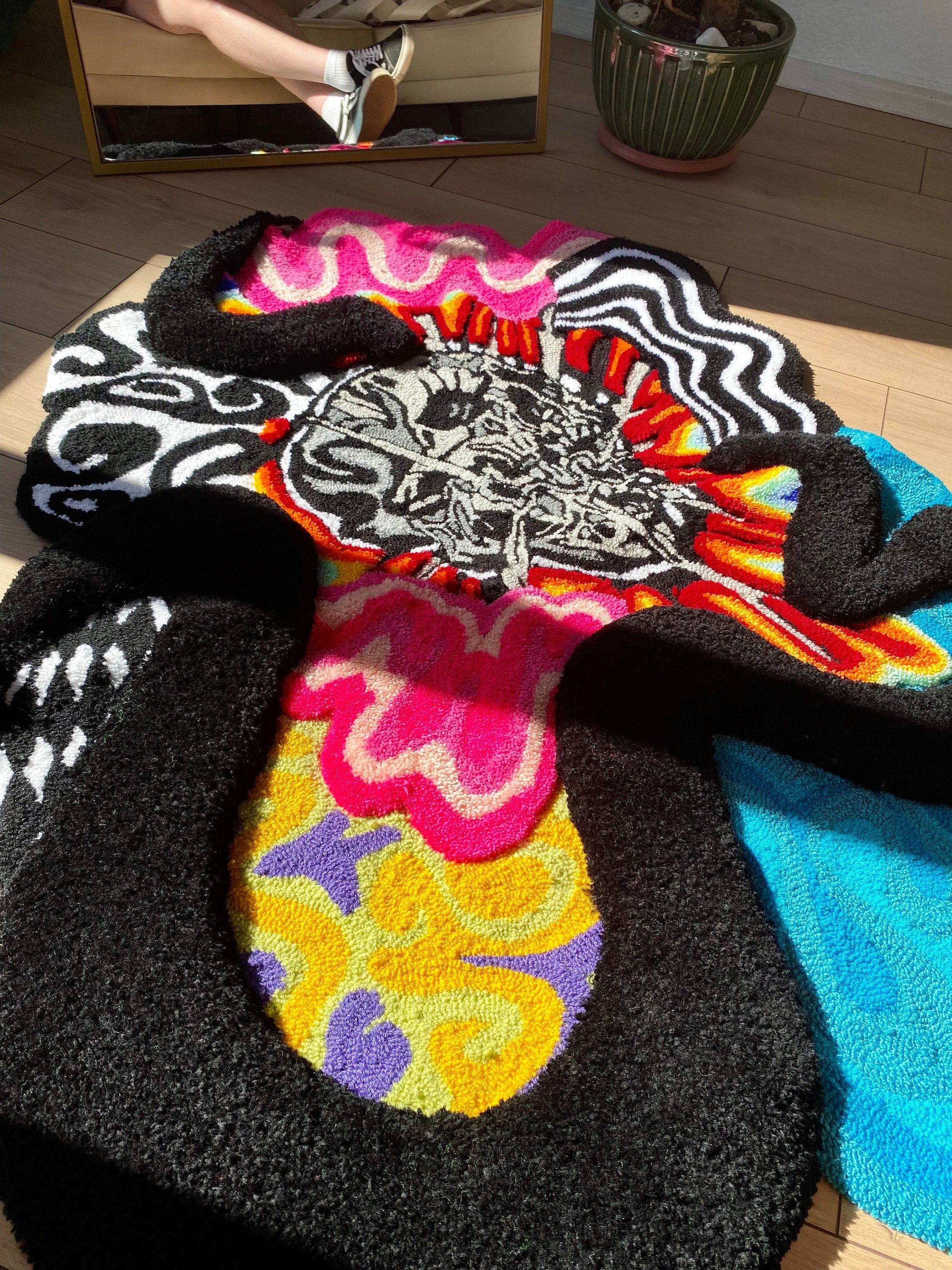OrnnWorks Psychedelic Checkered Rainbow 3D Skull Fluffy Handmade Tufted Rug