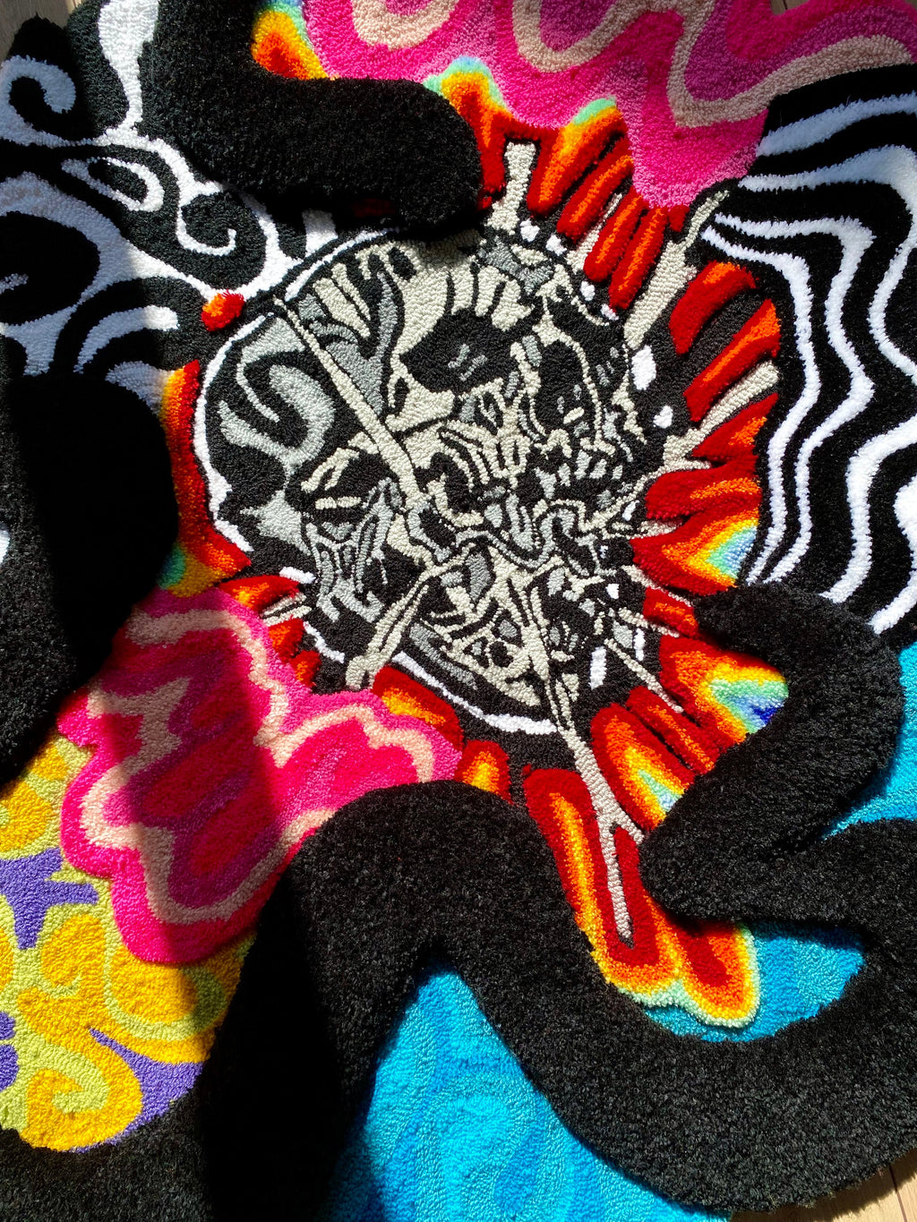OrnnWorks Psychedelic Checkered Rainbow 3D Skull Fluffy Handmade Tufted Rug