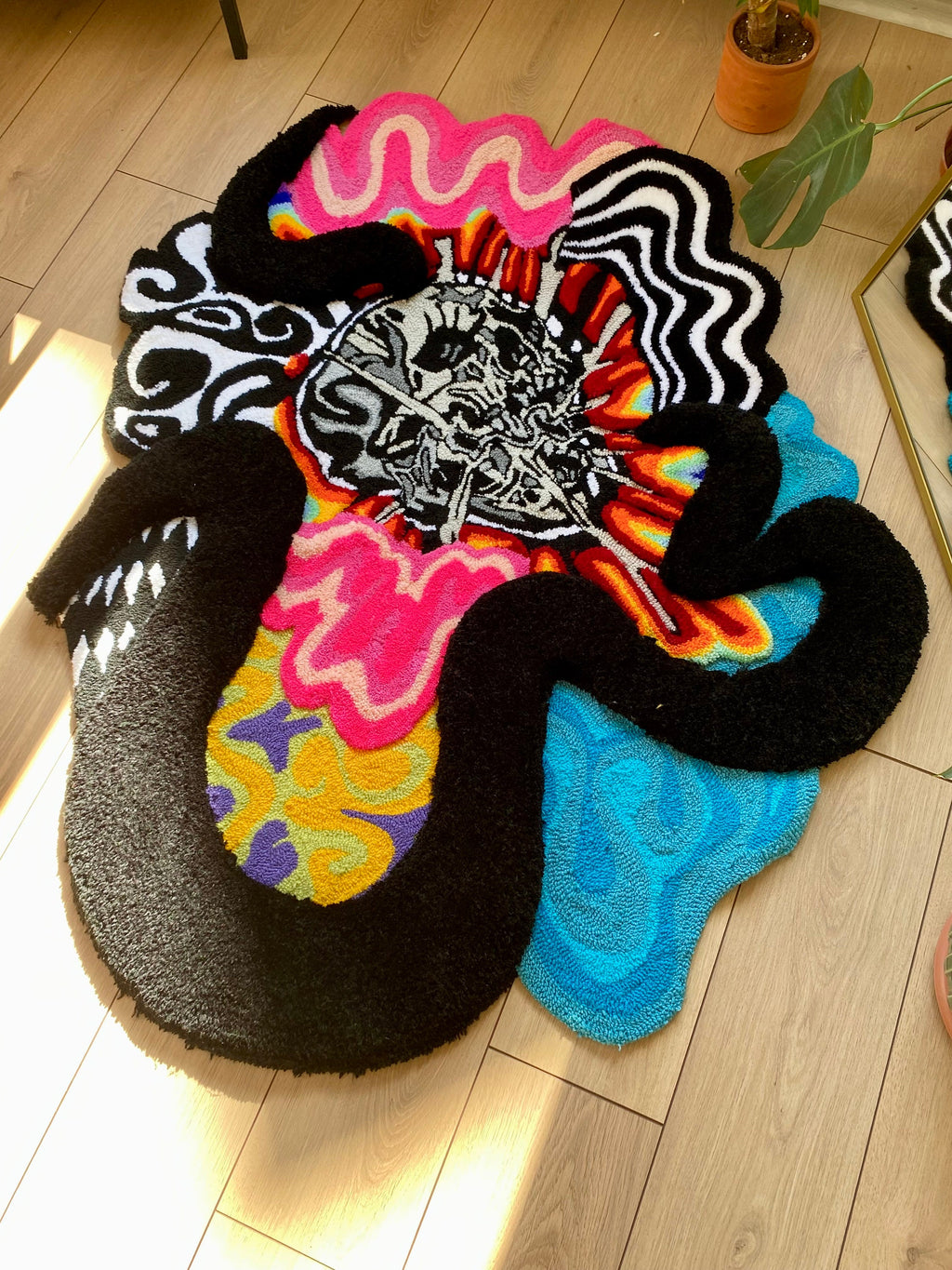 OrnnWorks Psychedelic Checkered Rainbow 3D Skull Fluffy Handmade Tufted Rug