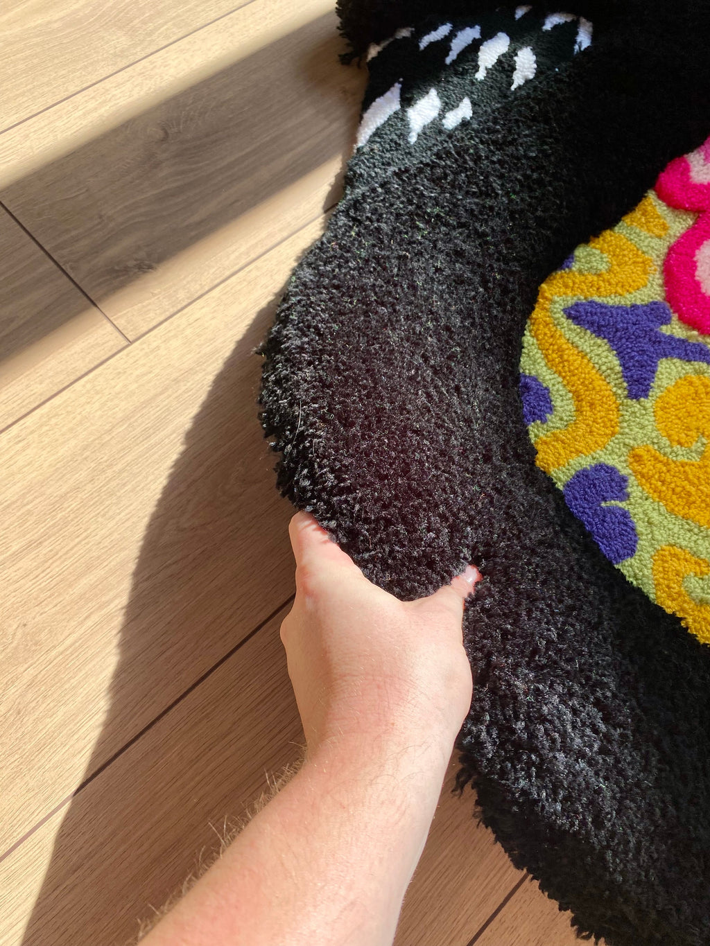 OrnnWorks Psychedelic Checkered Rainbow 3D Skull Fluffy Handmade Tufted Rug