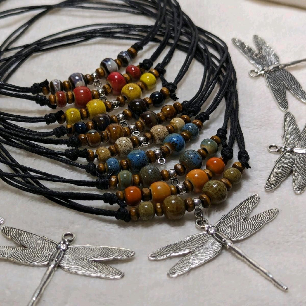 NoctemPottery Ceramic Beaded Dragonfly Pendant Necklace Adjustable Black Cord