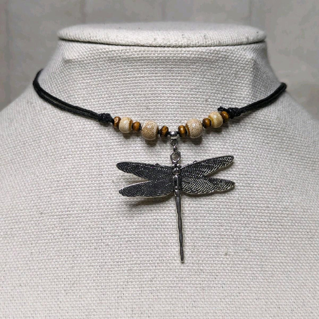 NoctemPottery Ceramic Beaded Dragonfly Pendant Necklace Adjustable Black Cord