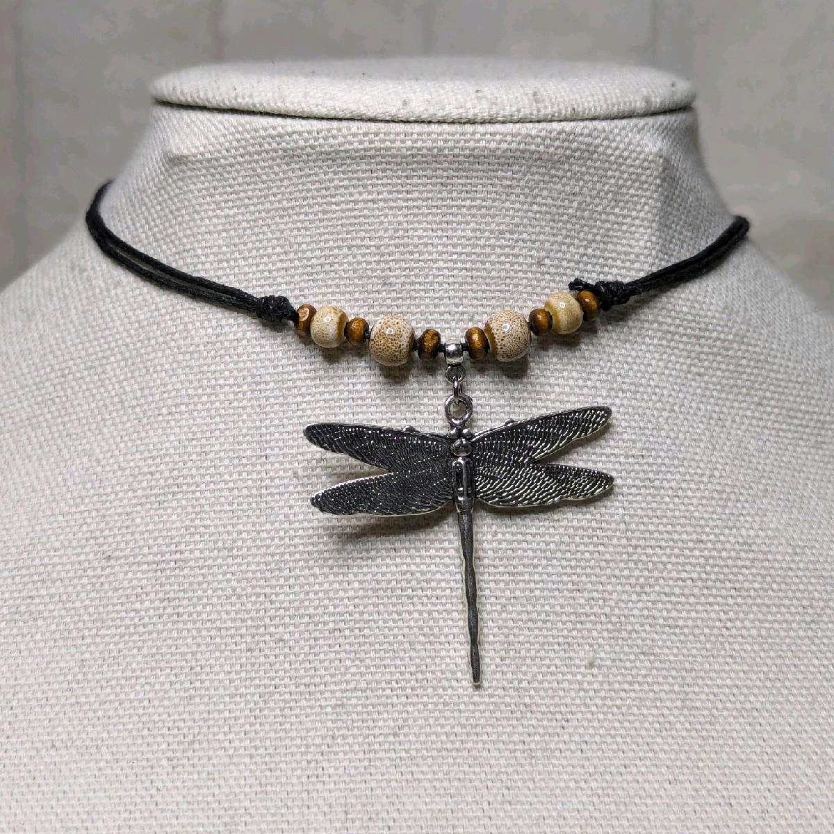 NoctemPottery Ceramic Beaded Dragonfly Pendant Necklace Adjustable Black Cord
