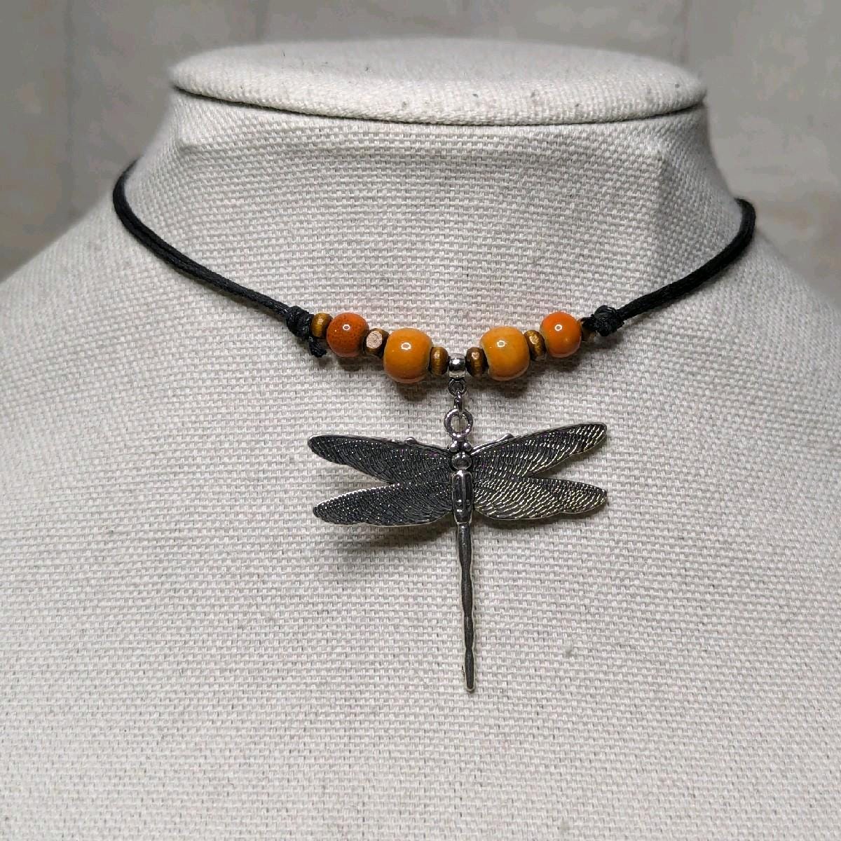 NoctemPottery Ceramic Beaded Dragonfly Pendant Necklace Adjustable Black Cord