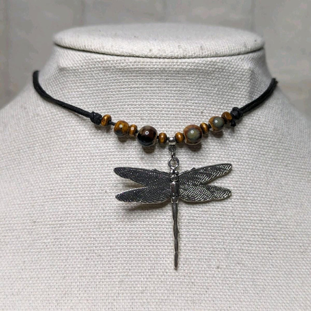 NoctemPottery Ceramic Beaded Dragonfly Pendant Necklace Adjustable Black Cord