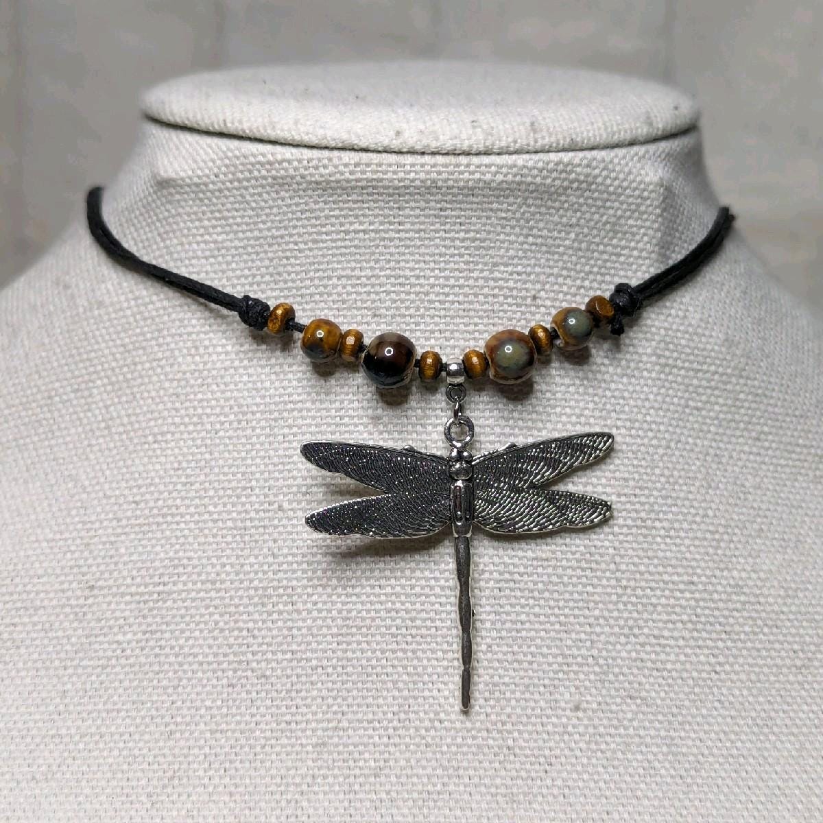 NoctemPottery Ceramic Beaded Dragonfly Pendant Necklace Adjustable Black Cord