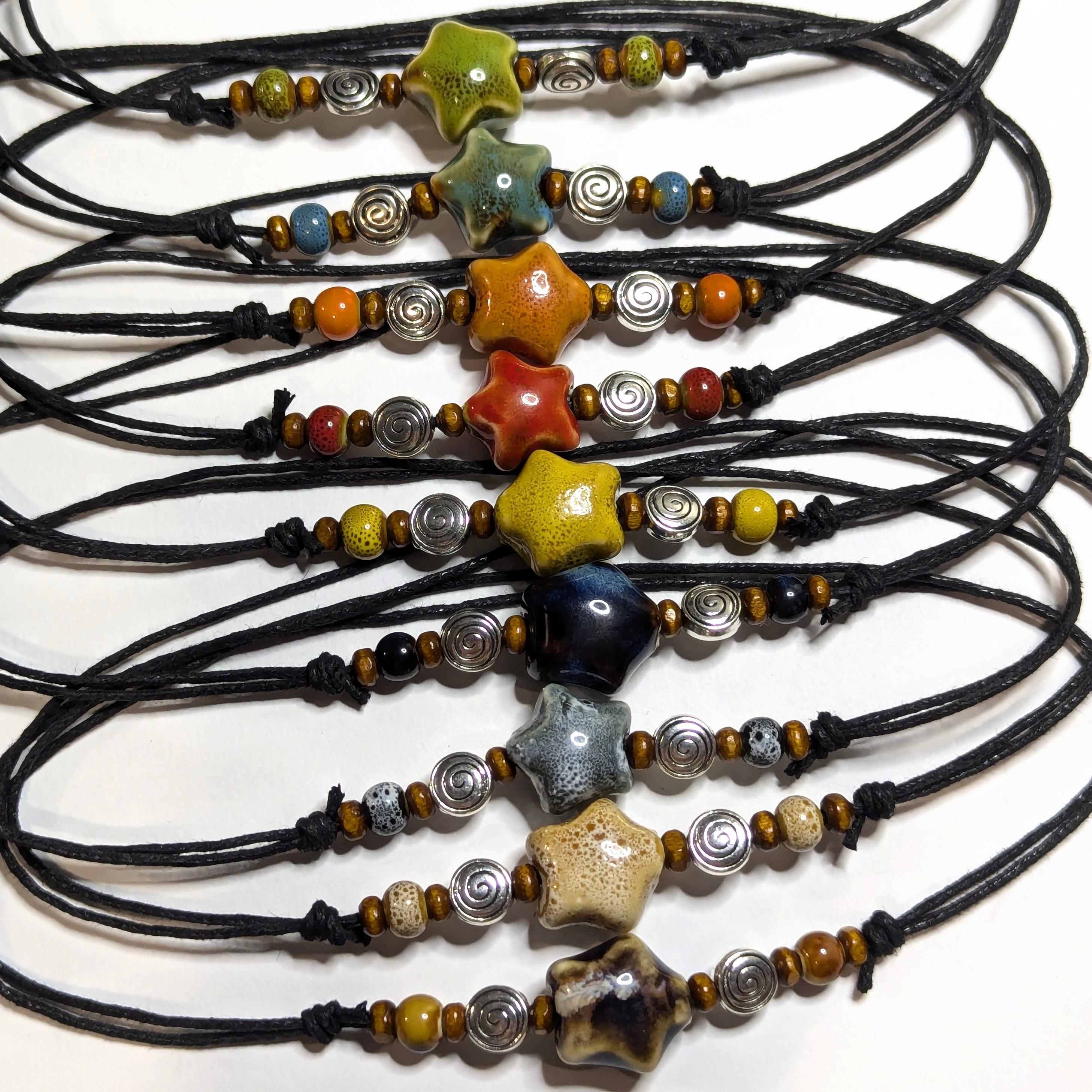 NoctemPottery Ceramic Beaded Star Spiral Swirl Pendant Necklace Adjustable Cord